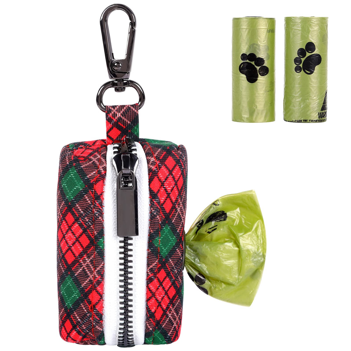 Unique Style Paws Christmas Plaid Dog Poop Bag Holder Reusable Waste Bag Dispenser For Travel,Park And Outdoor Use Includes 2 Roll Dog Poop Bags-Black& Red