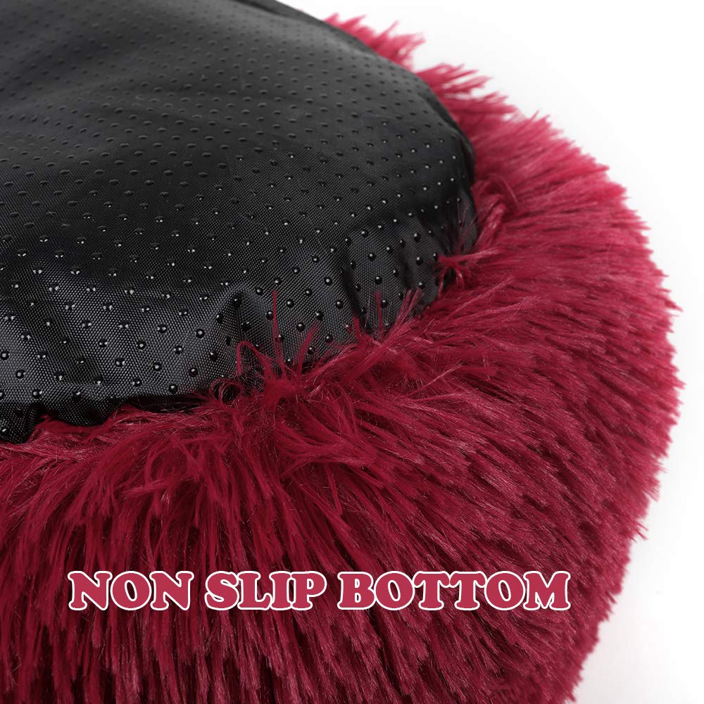 Otoez Round Plush Donut Pet Bed Warm Fur Cuddler Dog Cat Cushion Bed Calming Bed Non-Slip Bottom (15.7', Dark Red)
