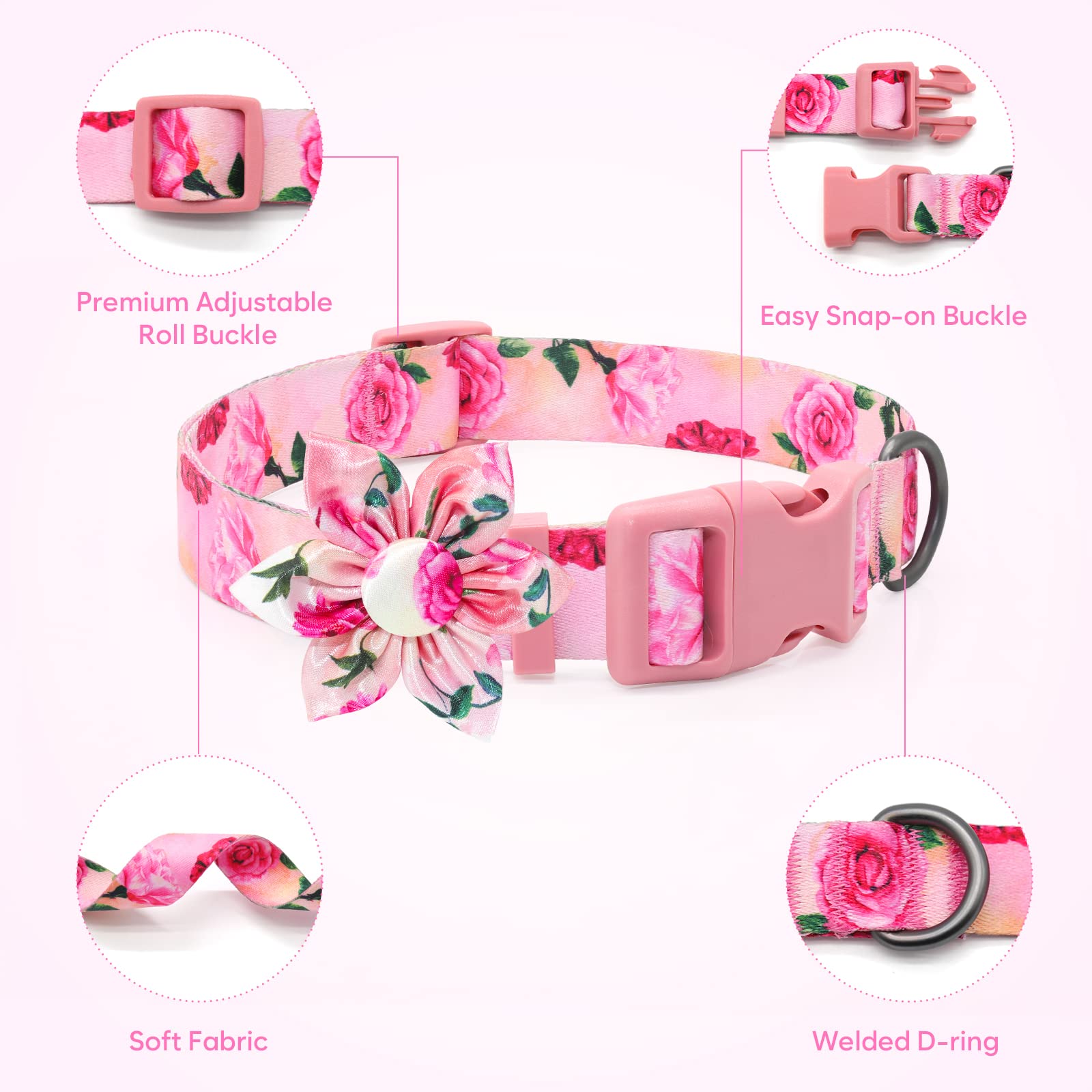 Pink Dog Collar Floral Girl Dog Collar With Rose Flower Bow Tie Dog Collar For Cute Girl Female Cats Dogs Spring Summer Season D