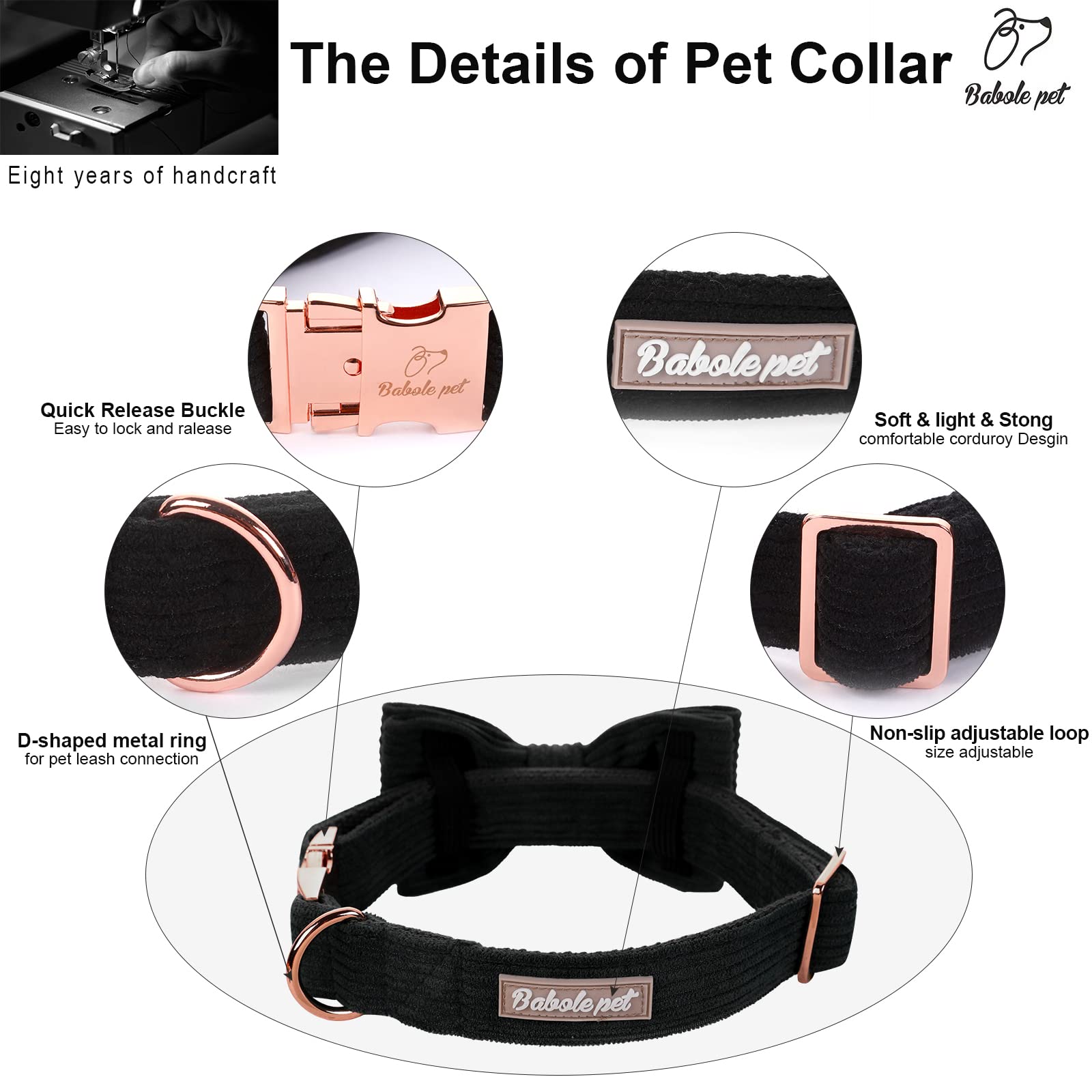 Babole Pet Black Dog Collars for Large Dog,Cute Corduroy Dog Collar with Bow Tie Safety Metal Buckle Adjustable Puppy Collars fo