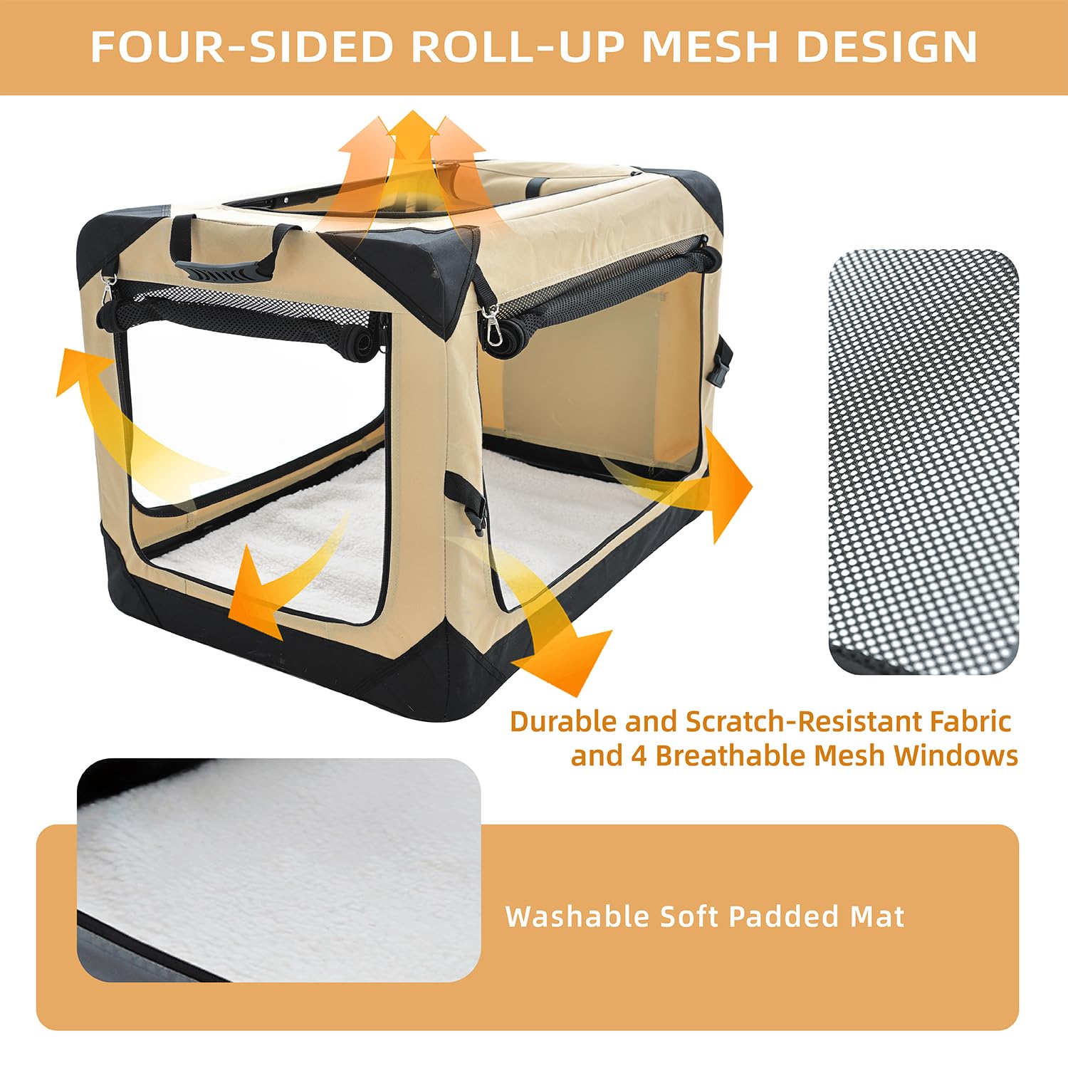 Pettycare 30 Inch Collapsible Dog Crate For Medium Dogs, 4-Door Foldable Soft Dog Kennel With Chew Proof Mesh Windows, Indoor & Outdoor Travel Dog Crate, Soft Side Dog Crate,Beige