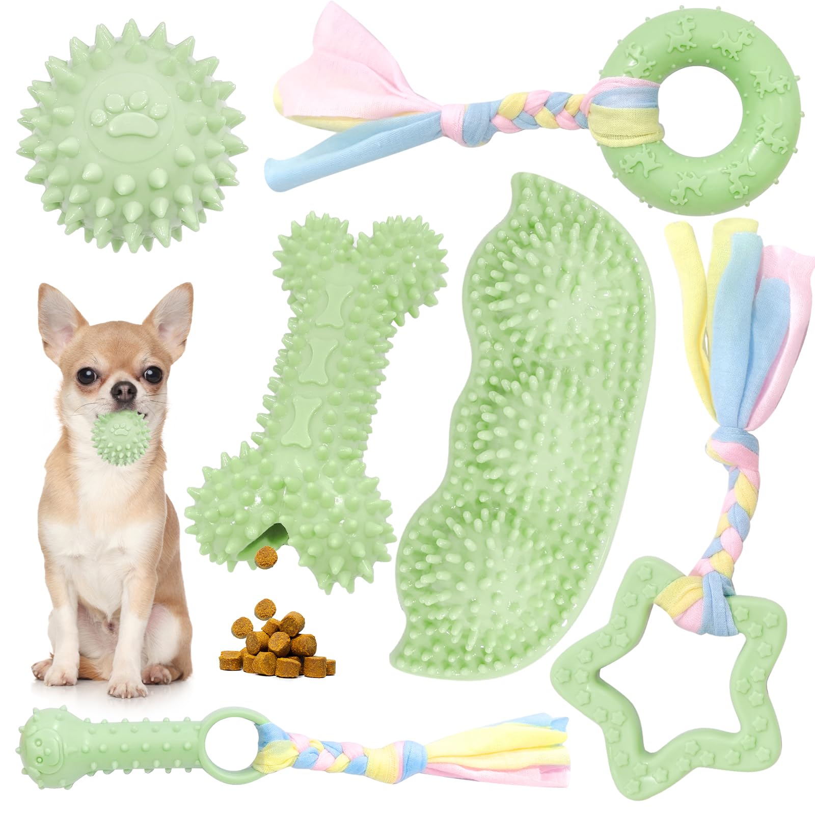 Petcare 6 Pack Small Dog Toys For Small Breed, Cute Green Puppy Teething Toys, Rubber Chew Toys, Essentials To Keep Them Busy, B