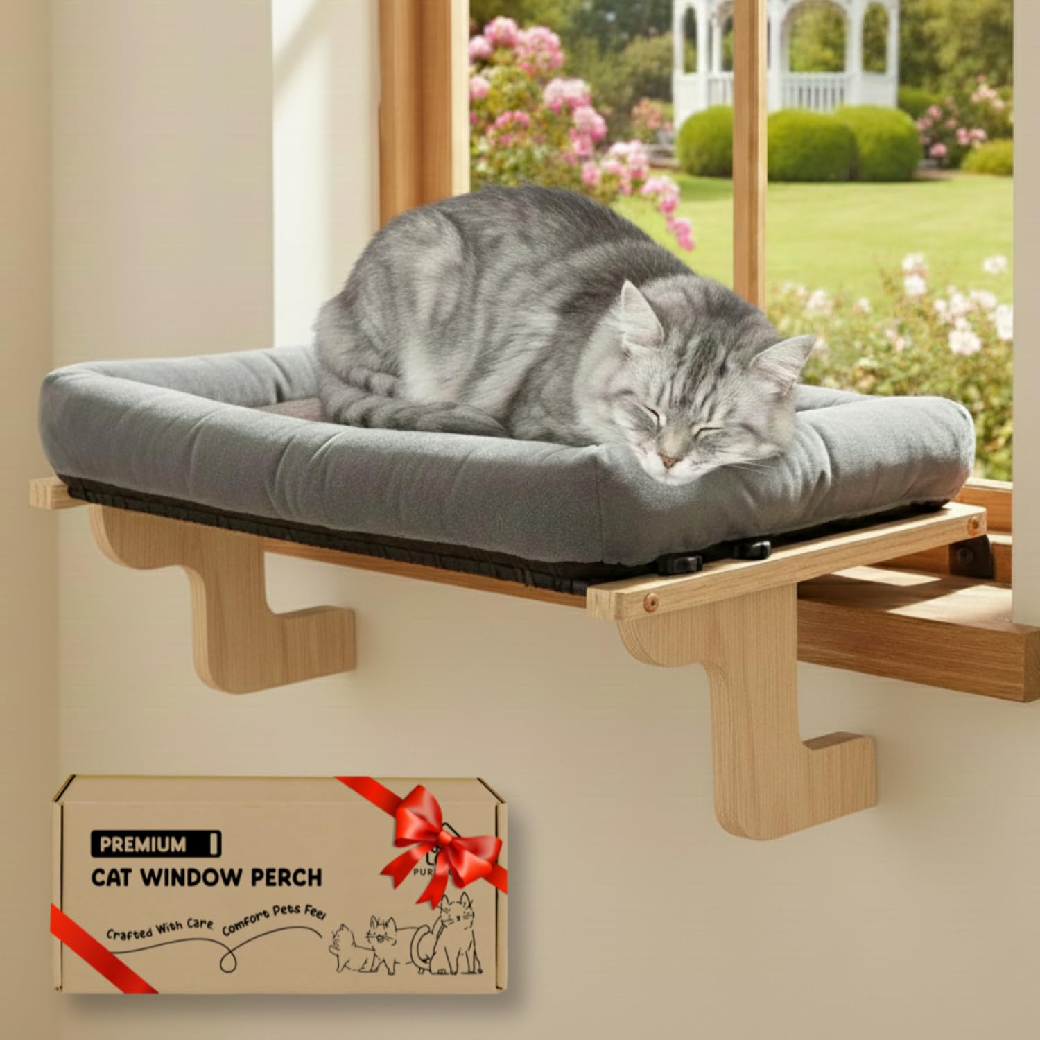 [Ready to Gift] PURRHOUSE Cat Window Perch with Cushion Bolster and Cool Pad, Cat Hammocks for Windows with Wood & Robust Metal 