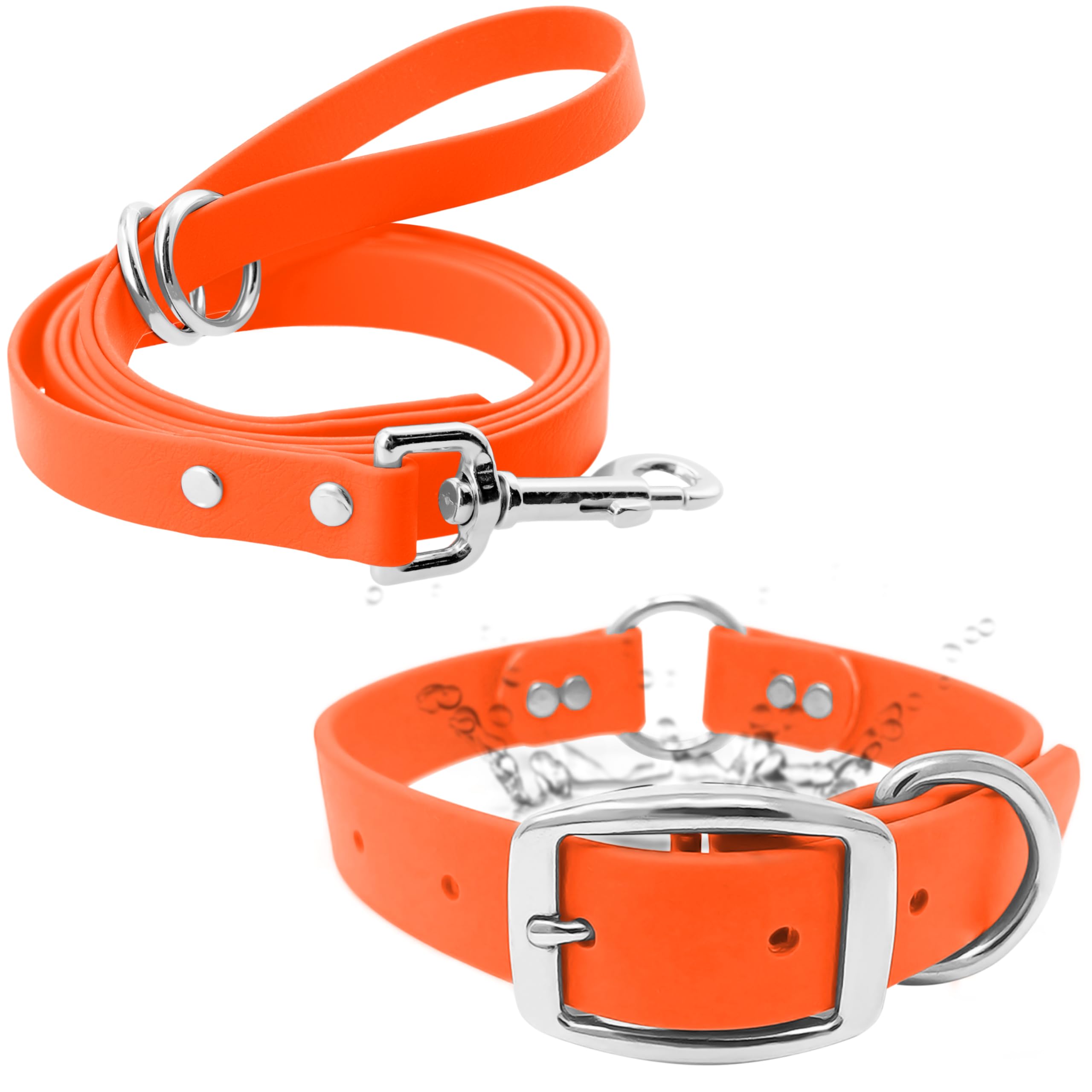 Regal Dog Products Medium Orange Waterproof Dog Collar And Leash Set - Vinyl Coated Biothane Pet Training Collar With Heavy Duty