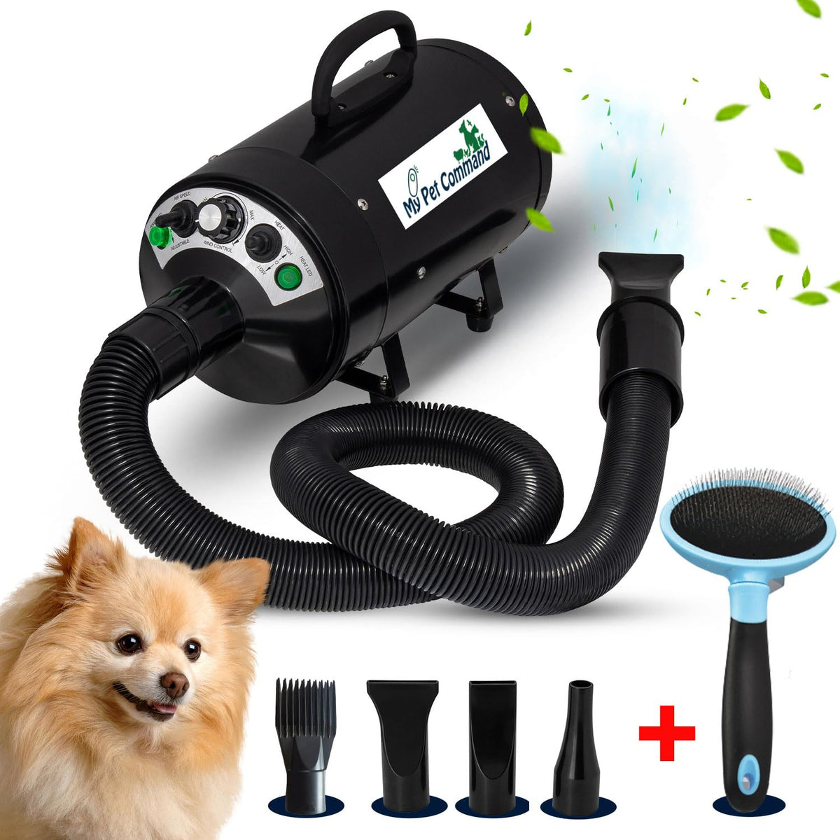 My Pet Command Dog Dryer Blower, Ultra Quiet, Professional High Velocity Blower Adjustable Hot And Cold Airflow, For Drying Deshedding With Accessories, 110V, 500W-2800W 4.5Hp