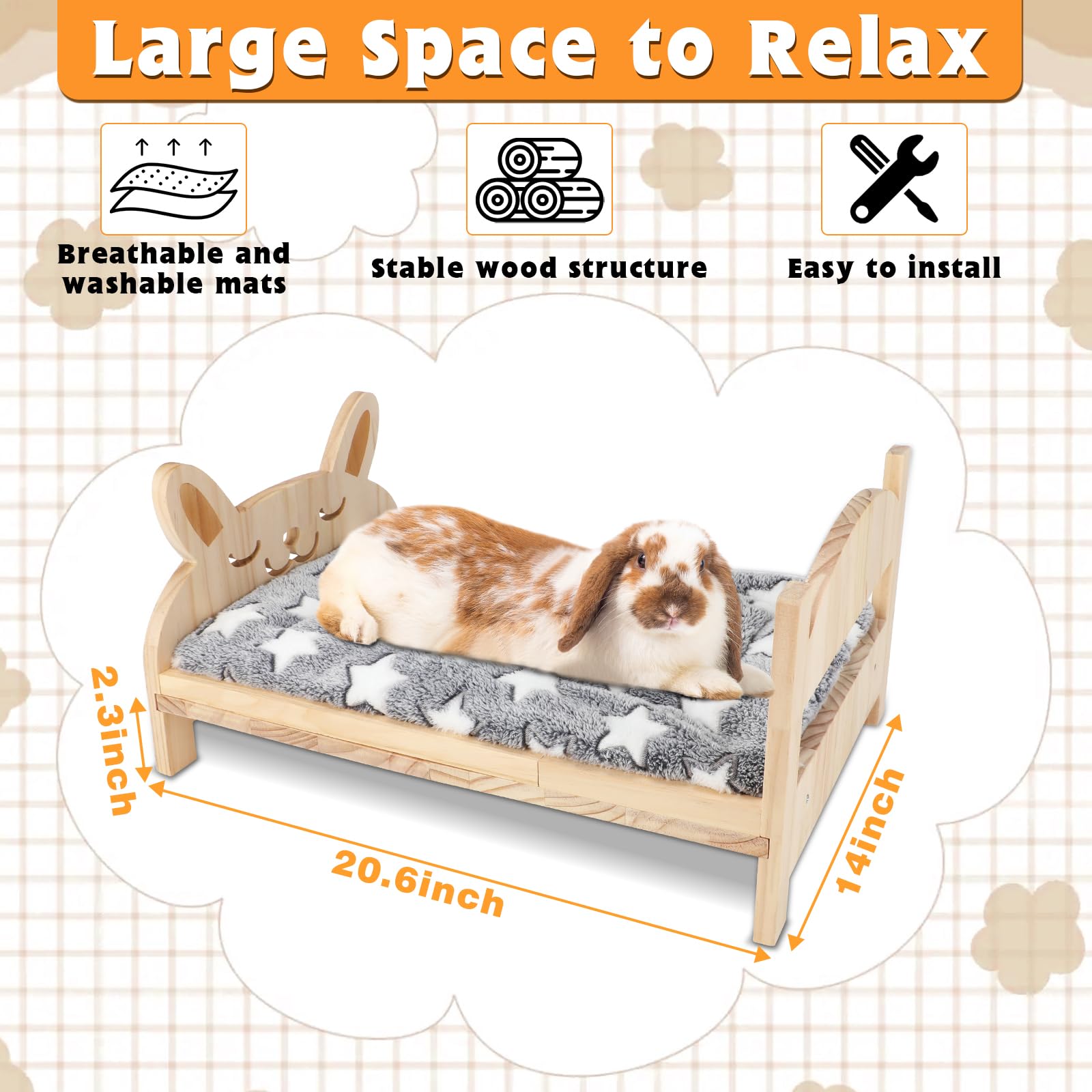 Bwogue Large Wooden Rabbit Bed, 2 In 1 Folding Wooden Pet Bed With Removable Cushion Small Animals Bed For Rabbits Bunny Guinea