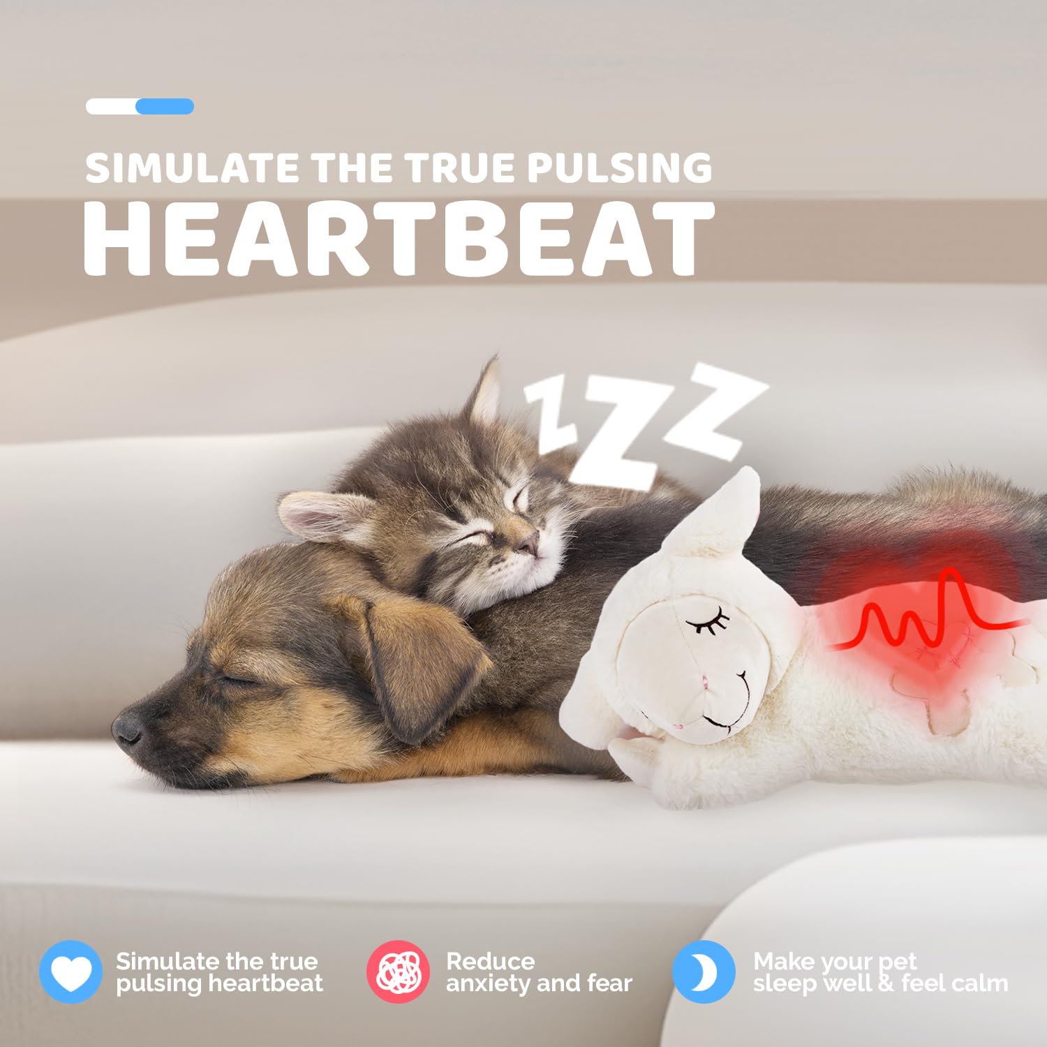 ALL FOR PAWS Dog Anxiety Relief Plush Toy, Dog Sleep Aid Warm Comfort Toys, Dog Pillow for Puppy Crate, Dog Stuffed Animals, (Wh