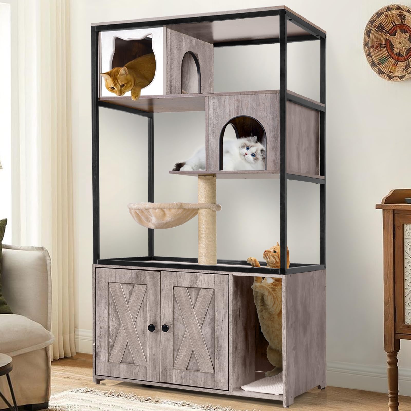 Gutinneen Cat Litter Box Enclosure Cat Tree With Hidden Litter Box, Scratching Post, Hammock, And Mat, 57.5 Inch (Nature)