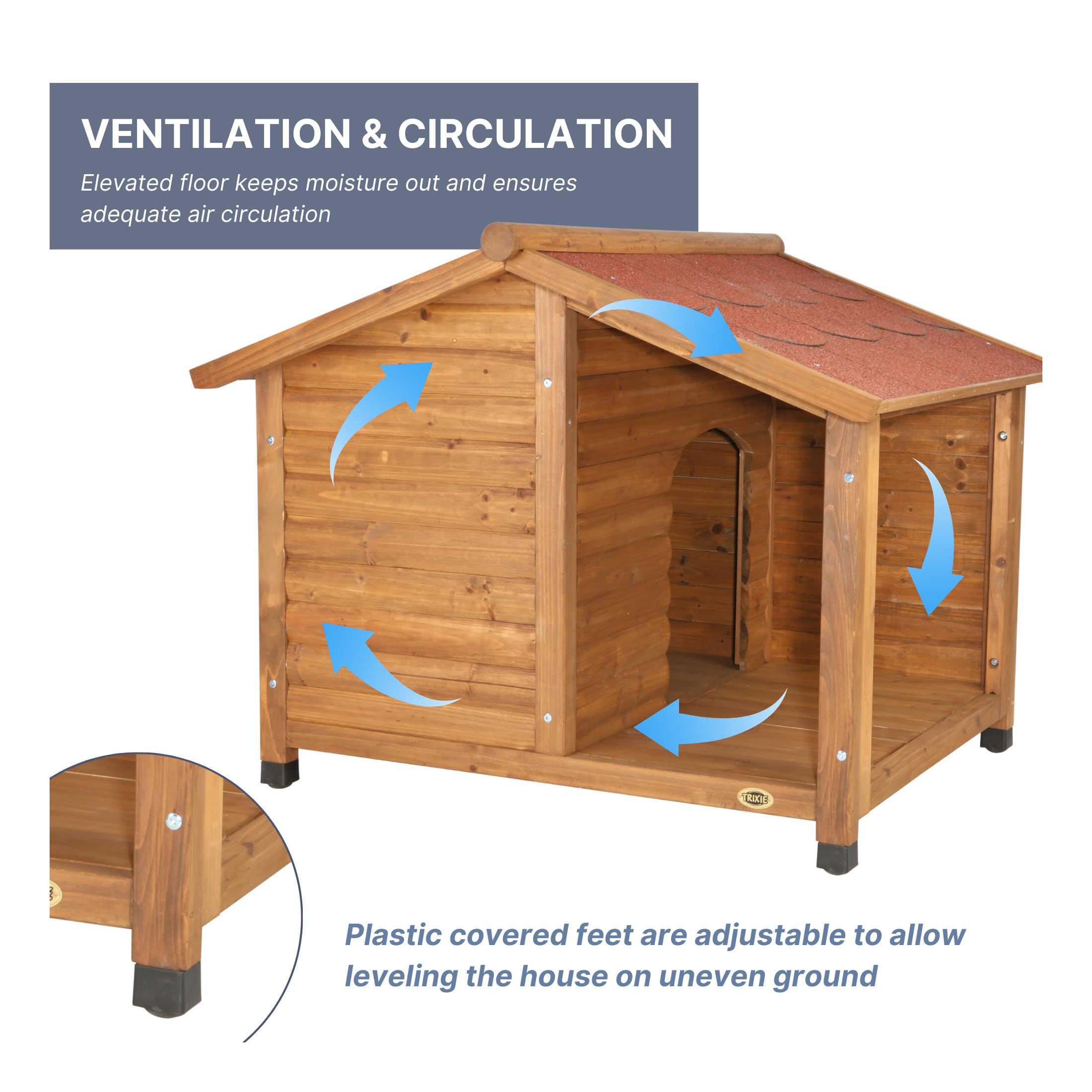 Trixie Natura Lodge Dog House – Small Outdoor Dog House With Hinged Roof & Weatherproof Sealer, Wooden Dog House With Adjustable Legs For Small Dogs – 35.5 X 39.5 X 32.5 In