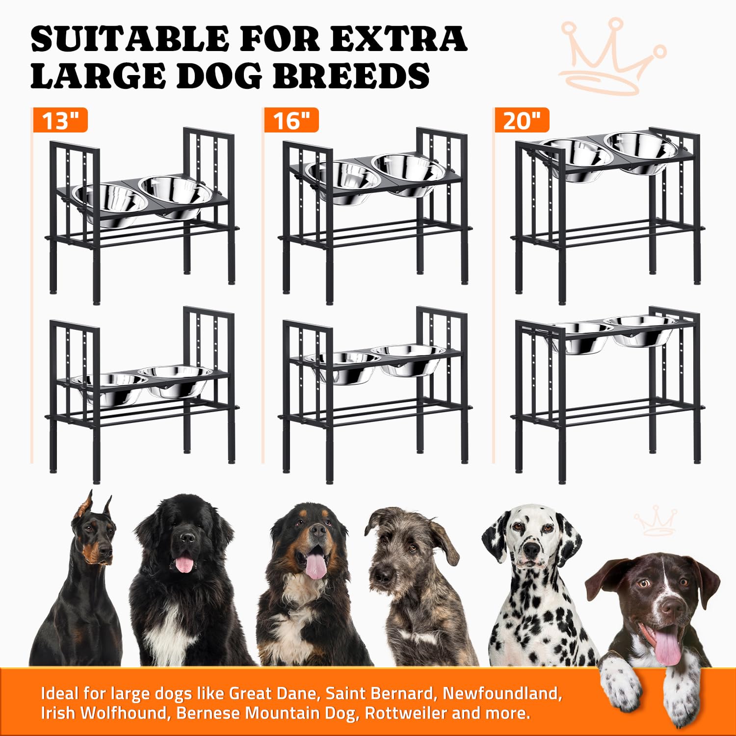 Raised Metal Dog Bowls - Large Breed, 3 Heights, Sturdy Stand For Extra Large Dogs, Black With Mat