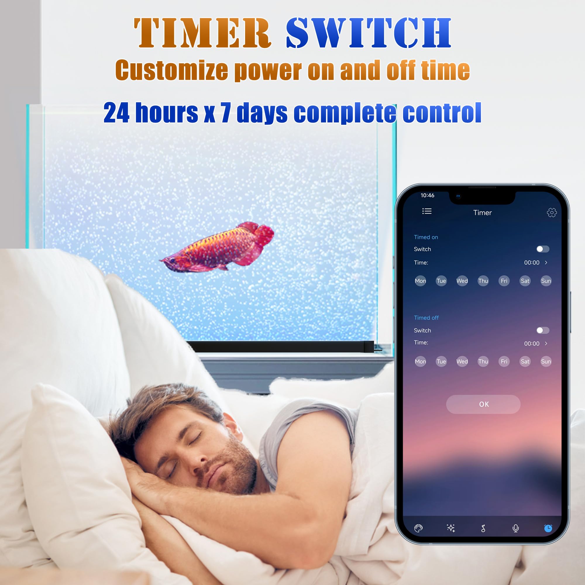 Smart App-Controlled LED Aquarium Light with 16 Million Colors, 12 Dynamic Effects, Fish Tank Light with Nano Air Bubble for Aqu