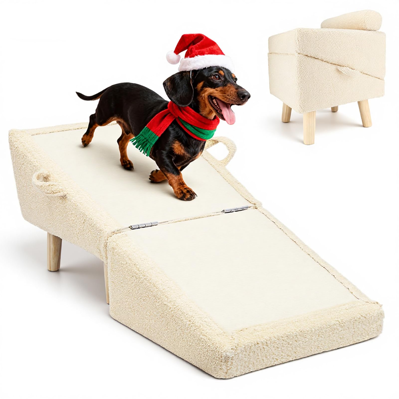Dog Stairs for Small Dogs and Cats - 2-in-1 Dog Ramp for Couch and Low Bed, 16.5 Foldable Wooden Pet Ramp, Sturdy Multi-Use Sp