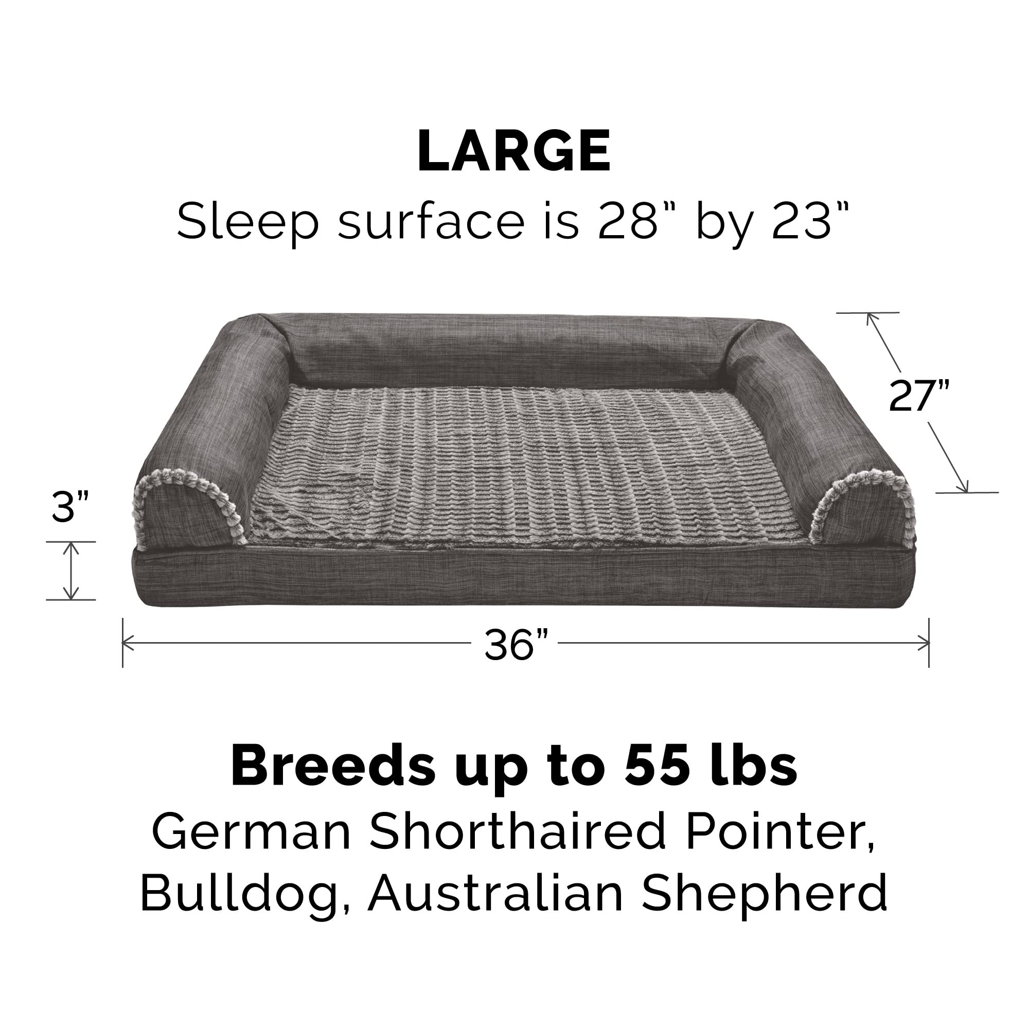Furhaven Orthopedic Dog Bed For Large/Medium Dogs W/ Removable Bolsters & Washable Cover, For Dogs Up To 55 Lbs - Luxe Faux Fur & Performance Linen Sofa - Charcoal, Large