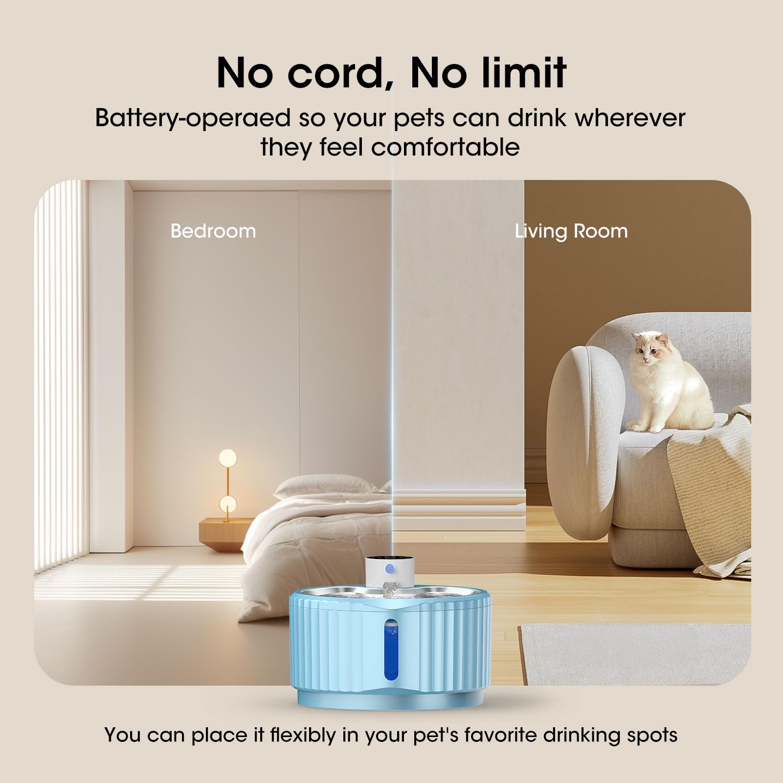 Jeeramia Wireless Cat Water Fountain, 94 Oz/2.8 L Battery Operated Pet Water Fountain For Cats Inside, Automatic Dog Water Fount