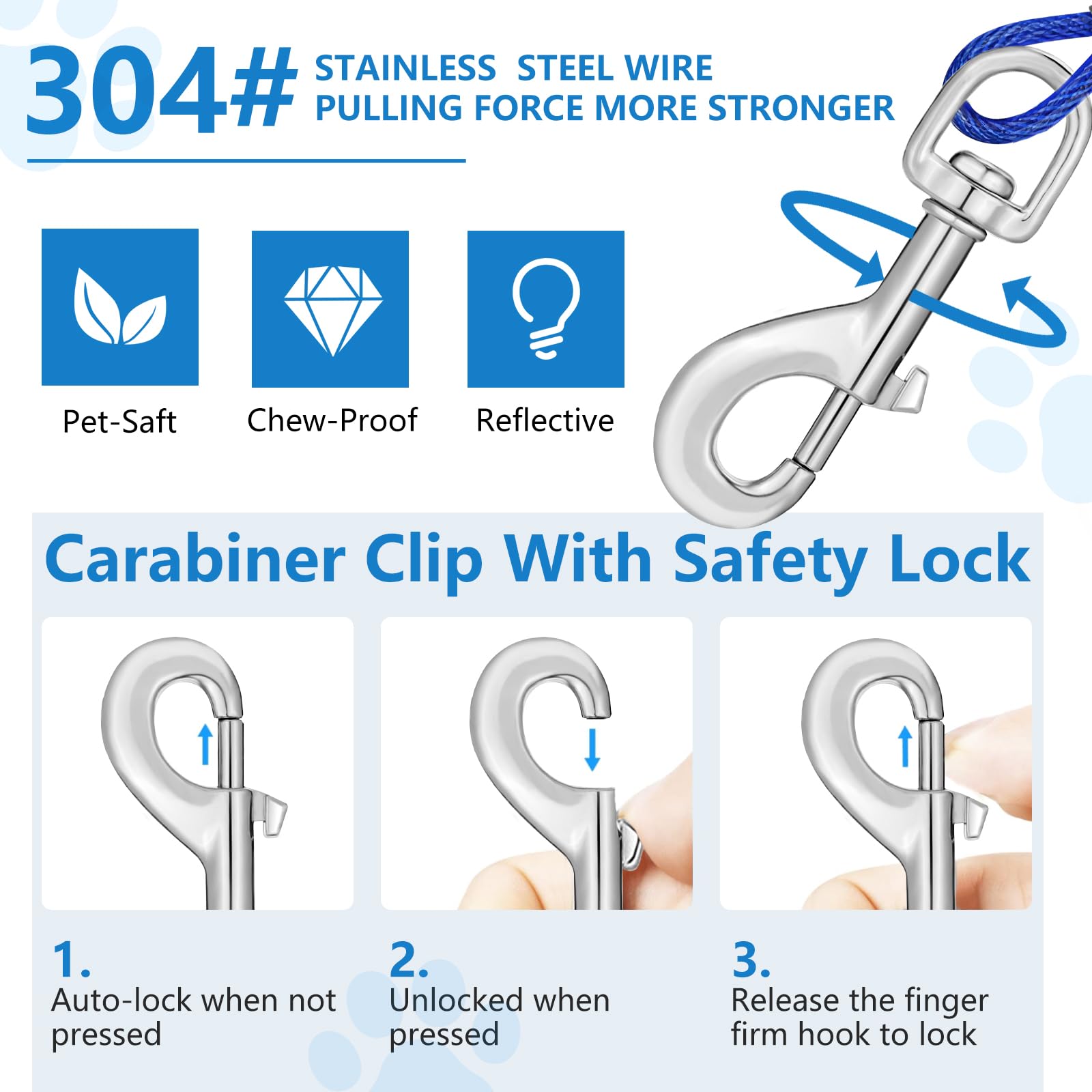 50Ft Tie Out Cable For Dogs Up To 250 Pounds, Heavy Duty Lead For Large Dogs, Runner For Yard Outdoor And Camping, Blue