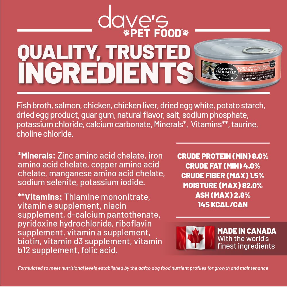 Daves Pet Food Grain Free Wet Cat Food (Shredded Salmon in Gravy), Made in Canada Naturally Healthy Canned Cat Food, Added Vita