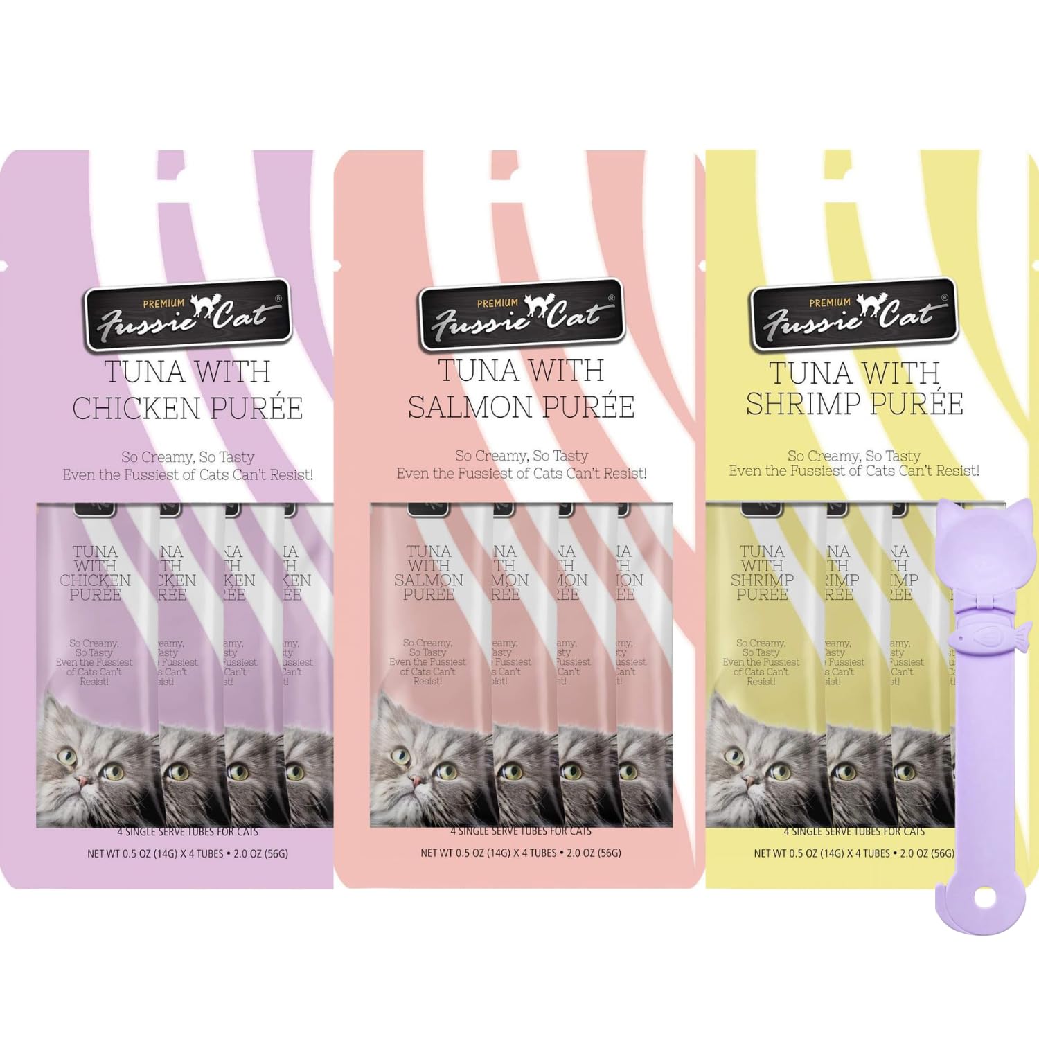 Fussie Cat Premium Puree Lickable Cat Treats in Tuna Puree, Lickable Treats, 3 Packs of 4-0.5oz Tubes,(12 Total Tubes) Variety F