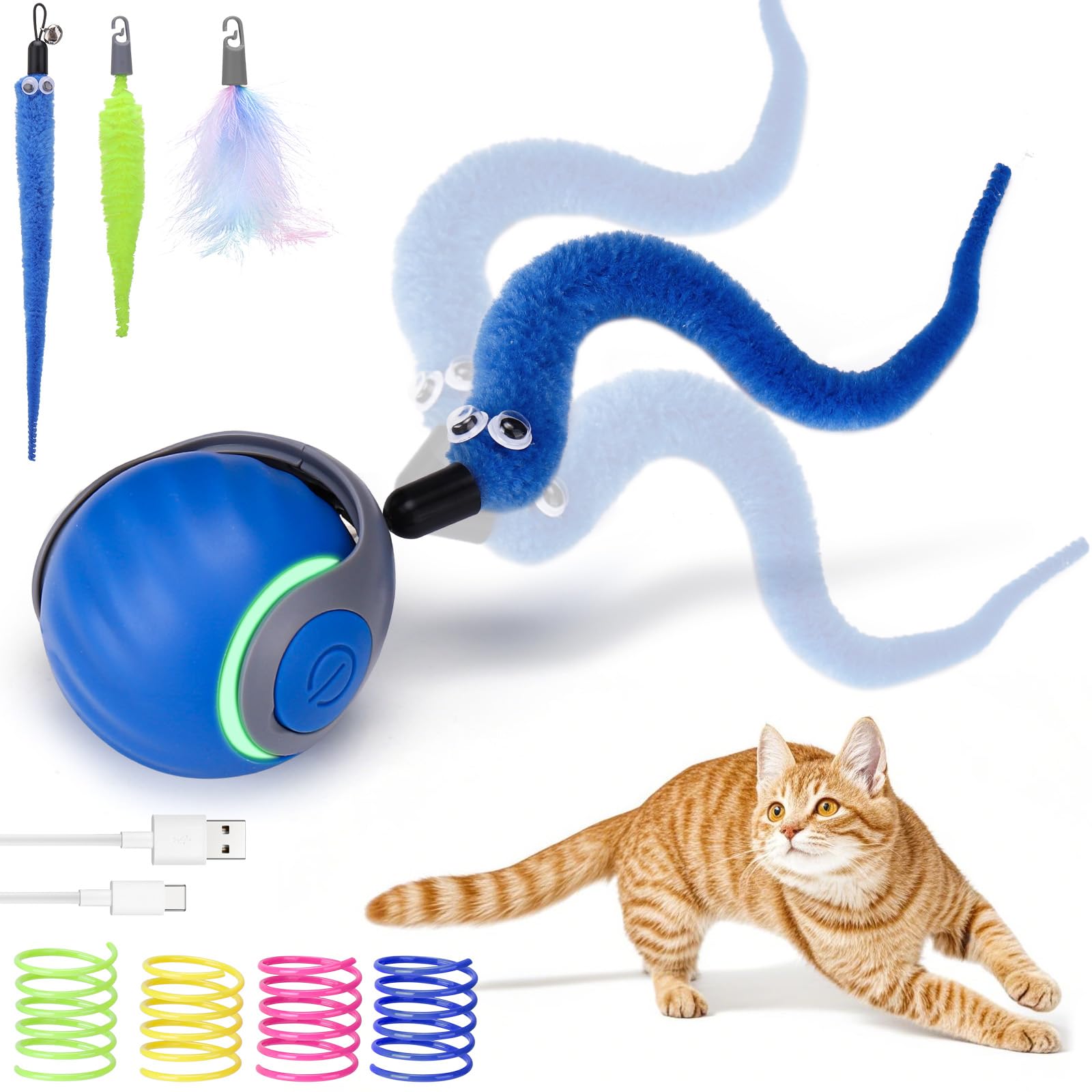 Aiersa Interactive Automatic Cat Toys For Indoor Adult Cats,Self Play Speed Tail Toy With 3 Tails And 4 Springs (Blue)