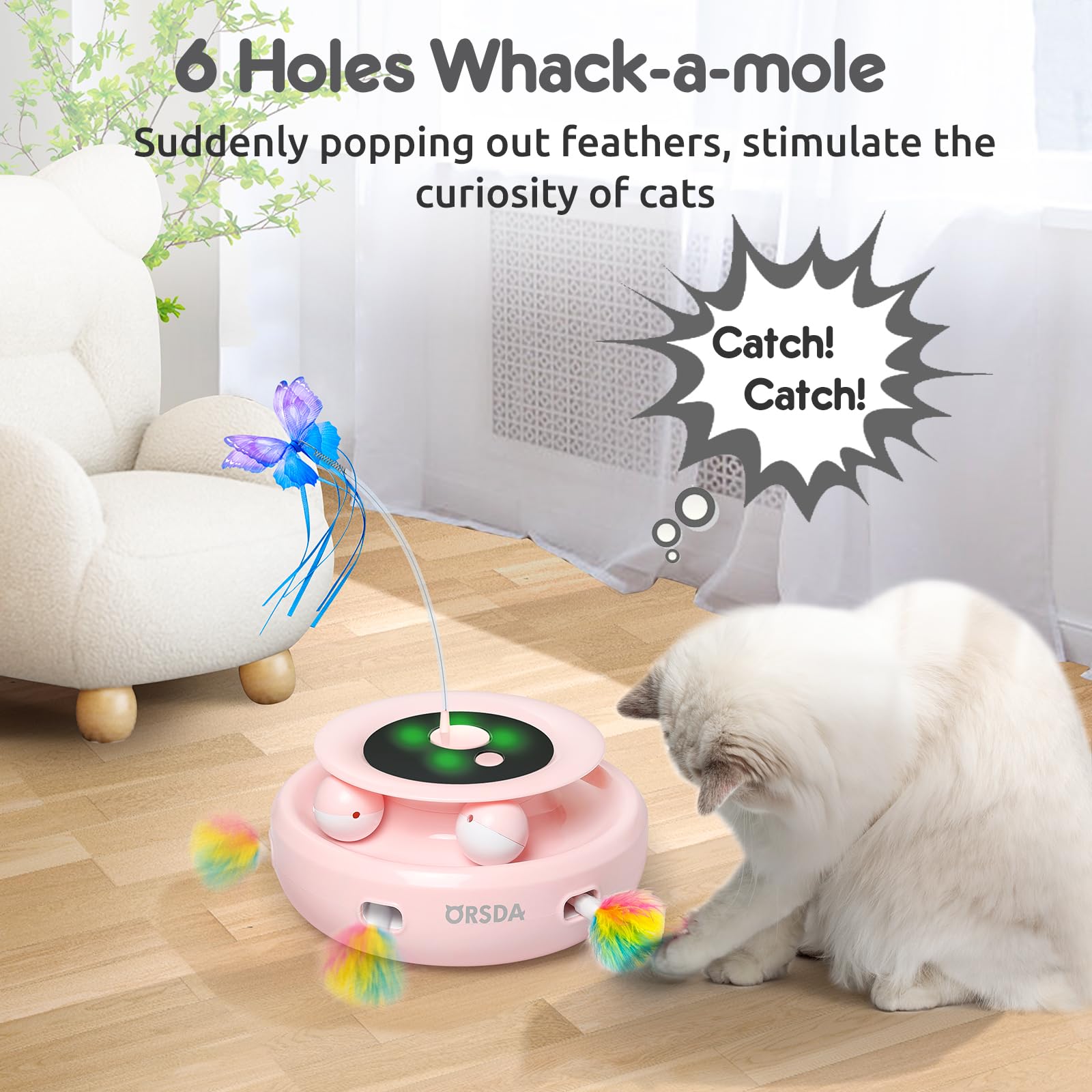 Orsda Cat Toy, 3-In-1 Automatic Interactive Electronic Moving Ambush Feather, Fluttering Butterfly, Track Balls, Usb Rechargeabl