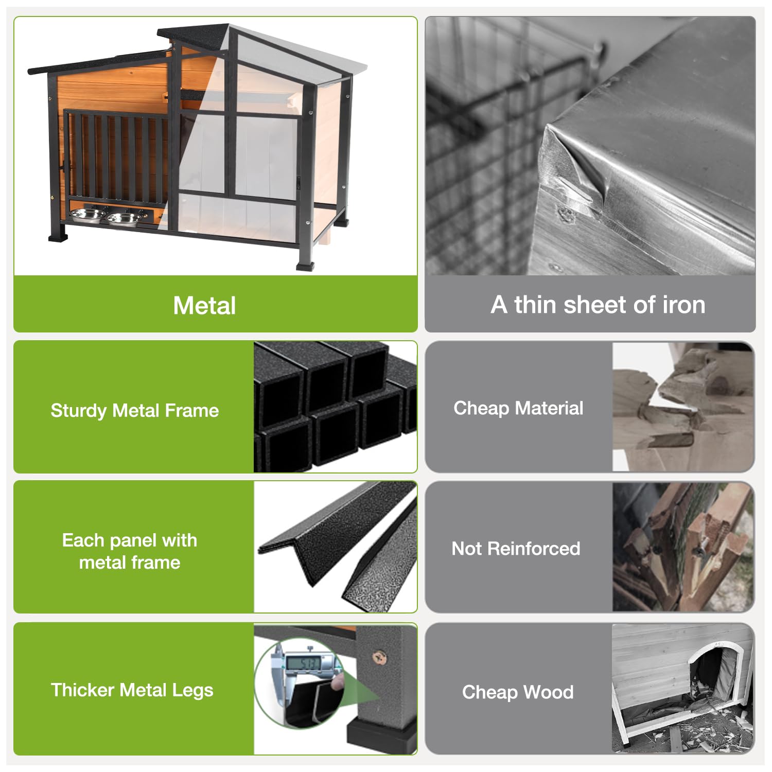 Dog House Outdoor with Bowls Weatherproof Dog Kennel with Anti-Chewing Iron Frame Dog Shelter for Small Medium Dogs