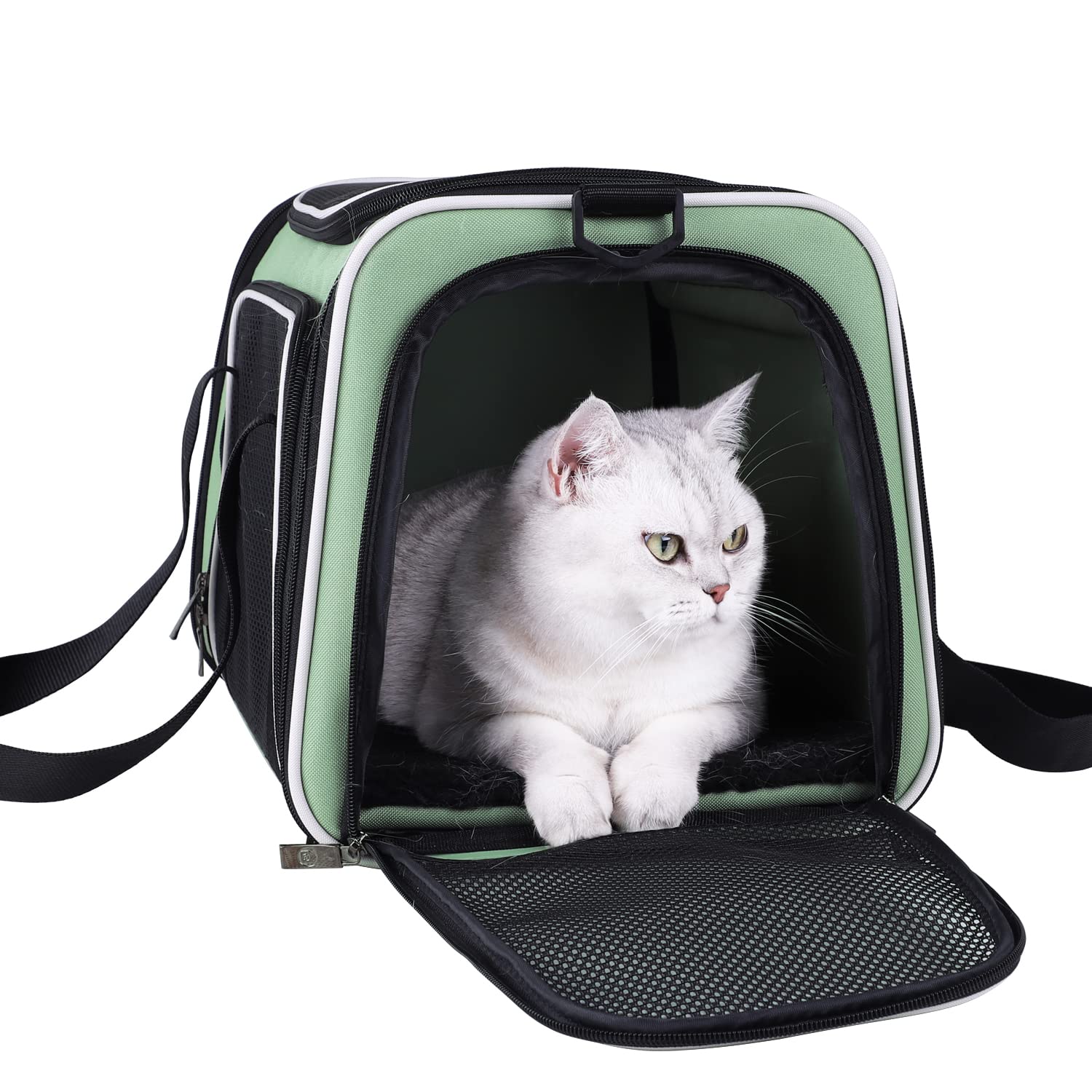 petisfam Top Load Cat Carrier for Medium Cats and Small Dogs with Washable Cozy Bed, 3 Doors and Shoulder Strap. Easy to get cat