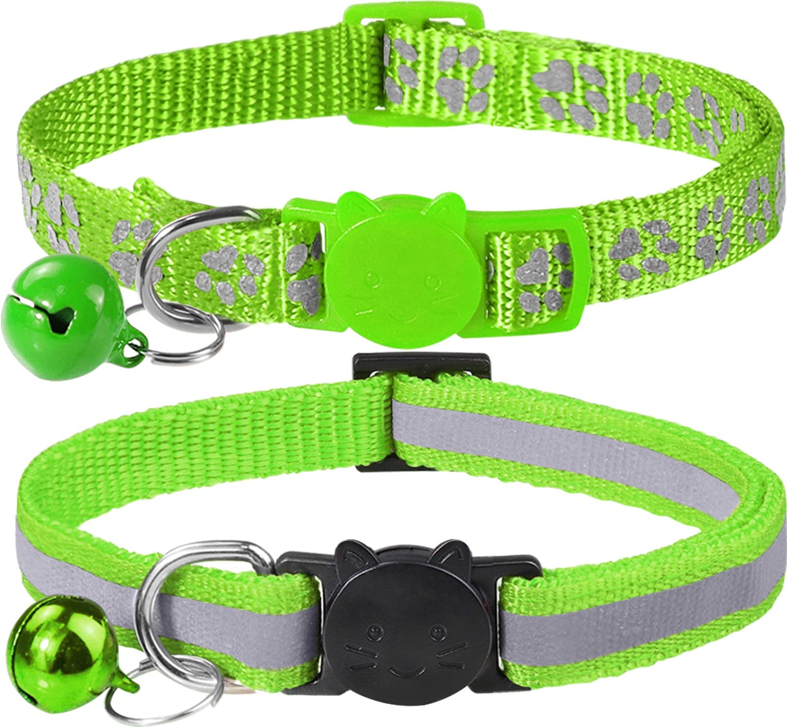 Taglory Reflective Cat Collars Breakaway With Bell, 2-Pack Girl Boy Pet Kitten Collar Adjustable 7.5-12.5 Inch, Green