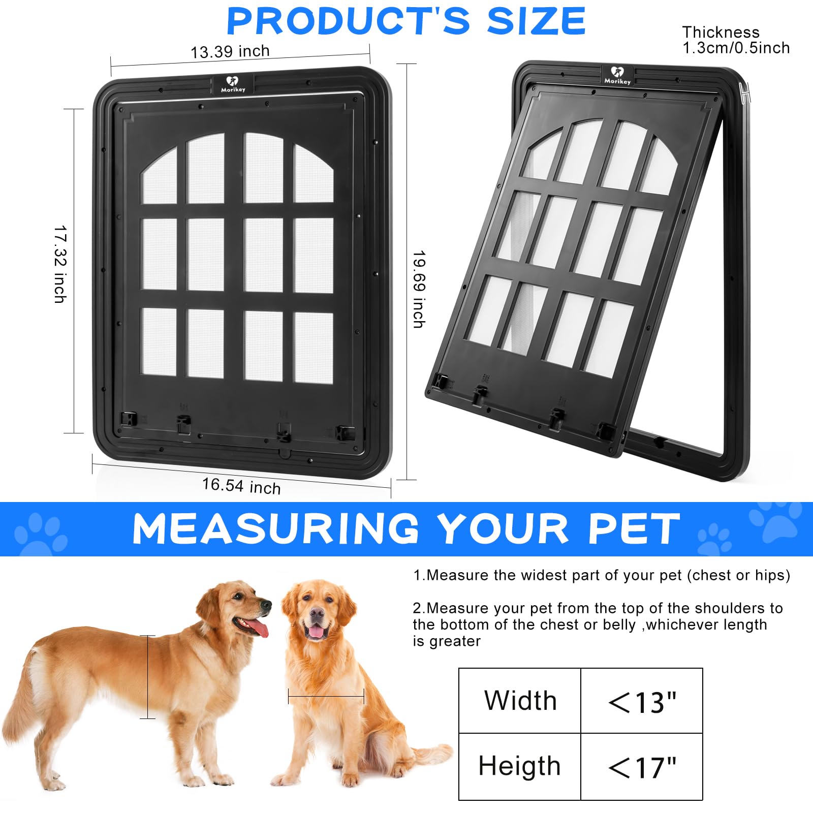 Morikey Large Dog Screen Door, 13 X 17 Inches Flap Opening Dog Door For Screen Door With 4 Entry Ways, Magnetic Self-Closing Pet