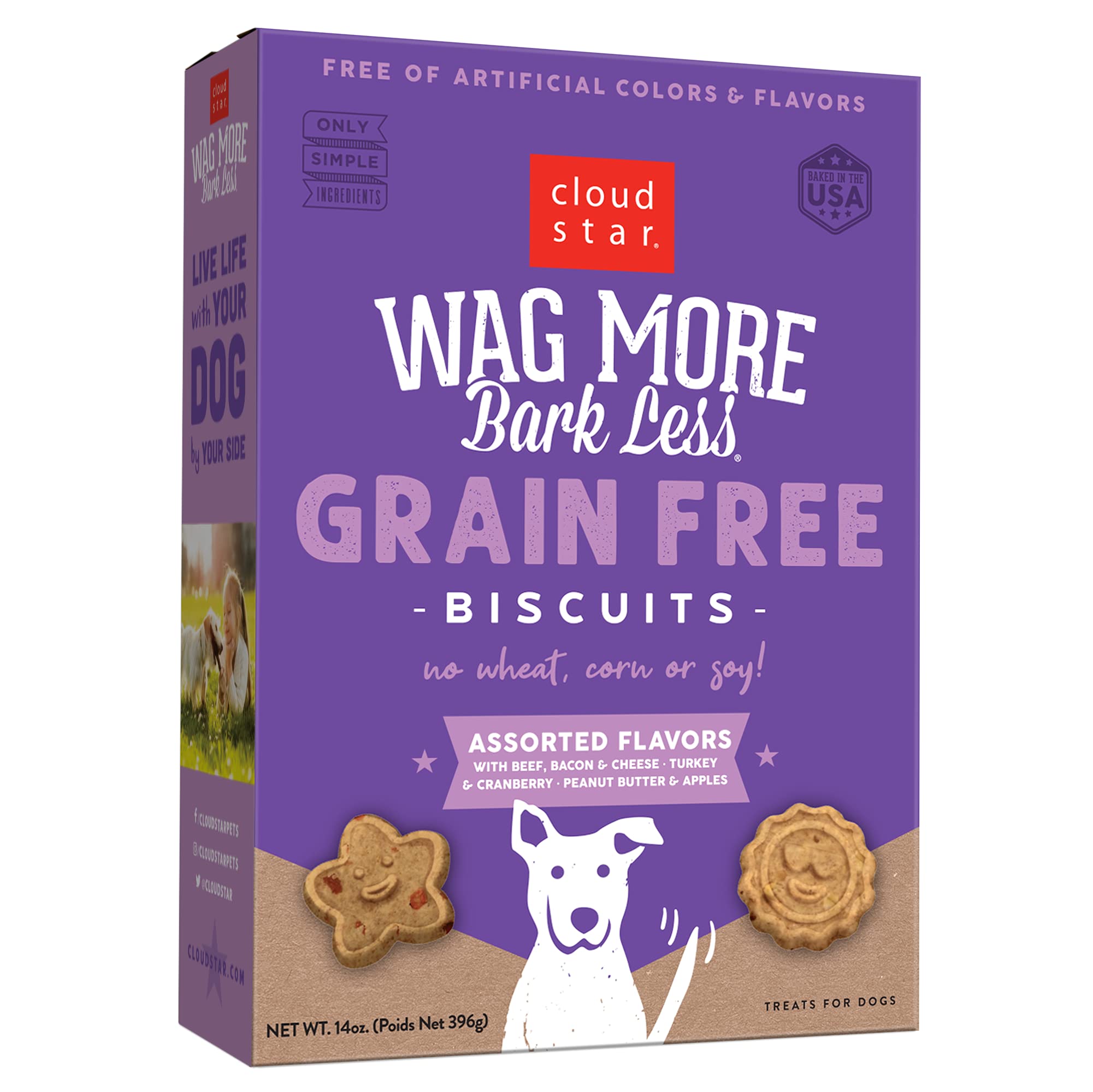 Cloud Star Wag More Bark Less - Dog Treats - Crunchy Biscuits - Grain Free Assorted Flavors - 14 oz Box