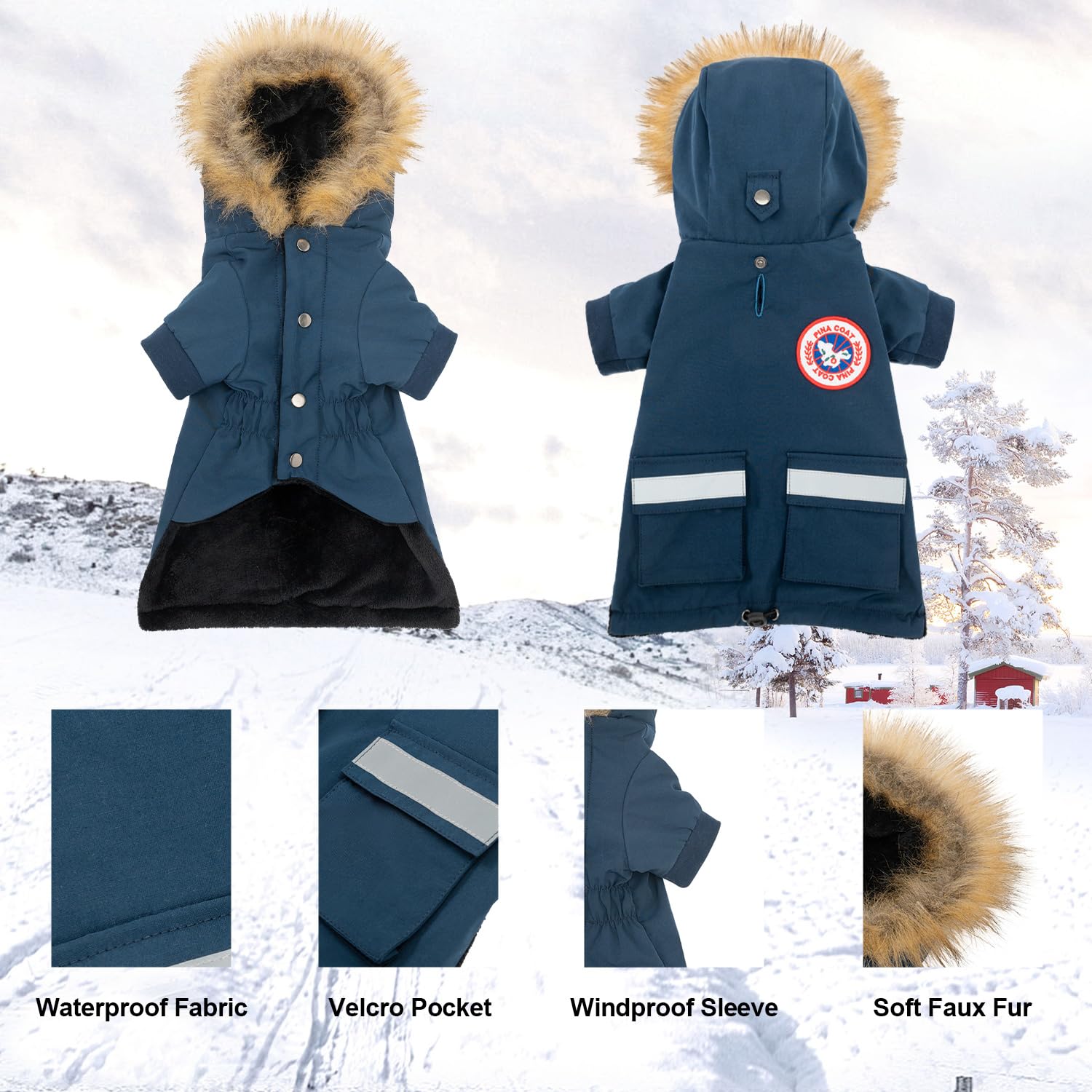 PINA Small Dog Coats - Waterproof, Warm Winter Jacket with Faux Fur Hood, Reflective, Flannel Lined, Windproof, Pocket