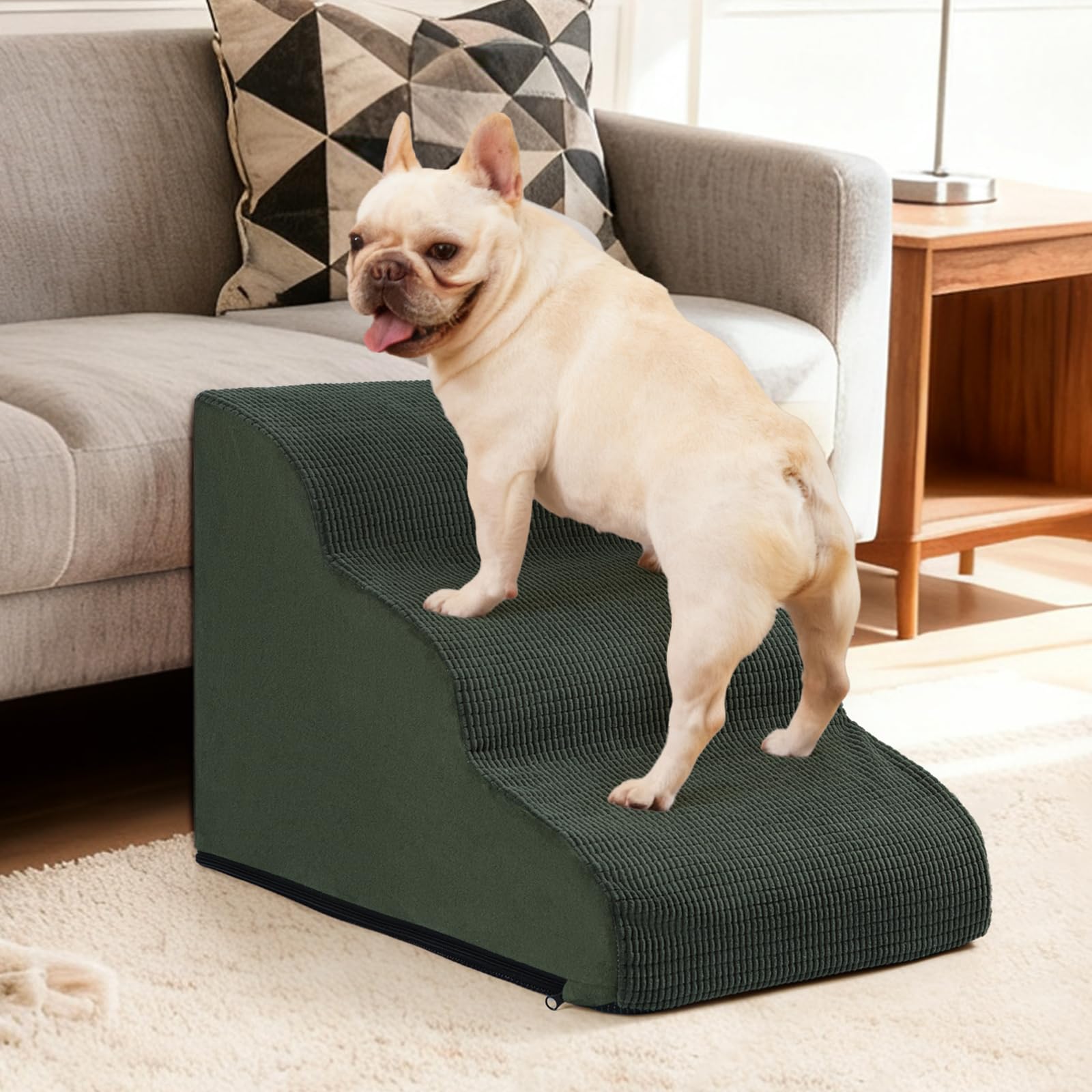 Aodisman 3-Step Dog Ramp and Stairs for Sofa and Chair - Non-Slip Sturdy Pet Steps for Small Dogs and Cats,15.7 H,Green