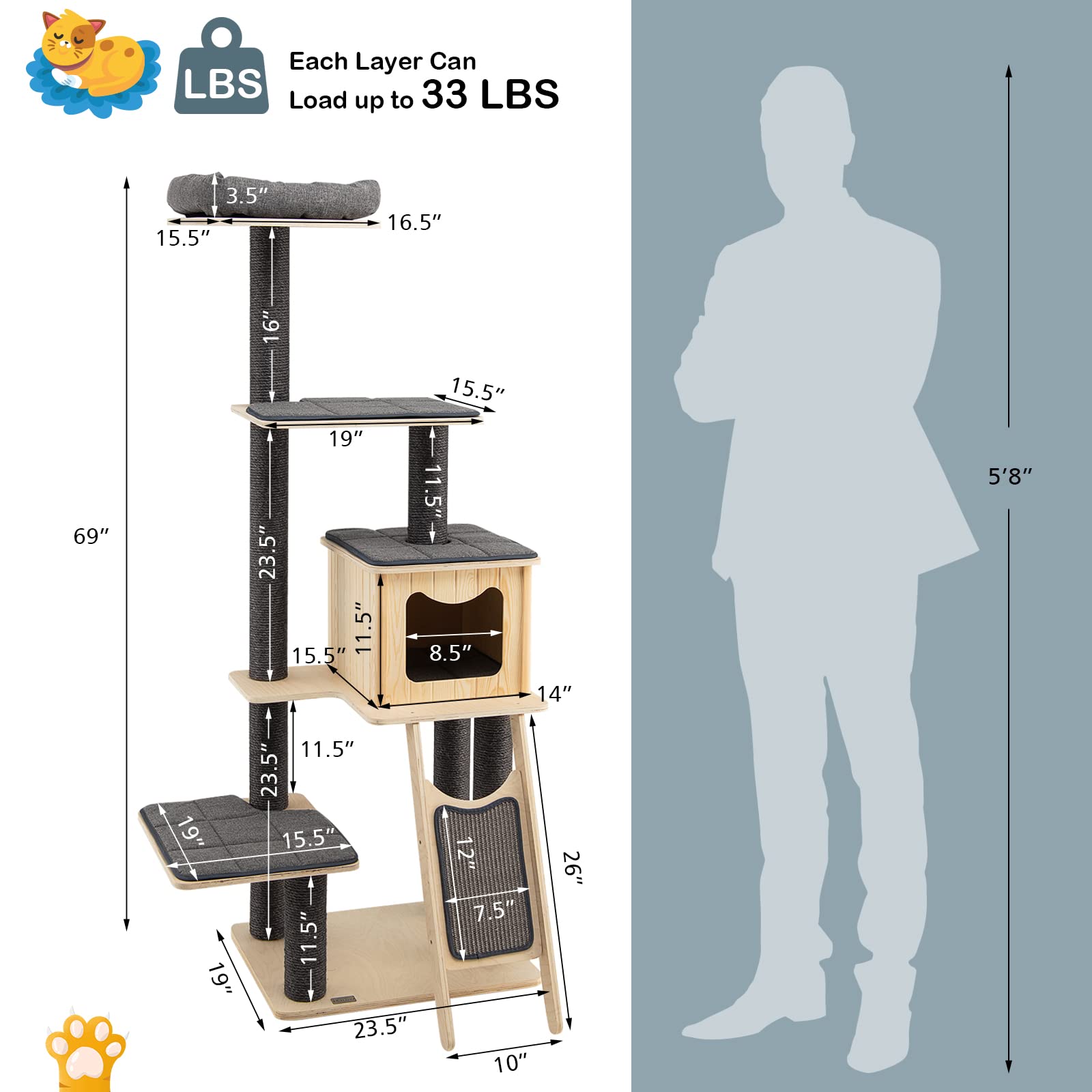 Tangkula Tall Cat Tree, 69 Inch 5-Tier Wood Cat Tower With Scratching Sisal Posts, Top Perch, Cute Cat Condo, Modern Cat Tree With Washable Cushions For Indoor Cats Large Adult (Grey)