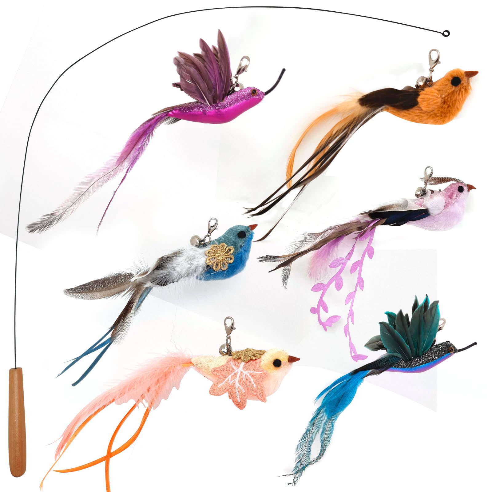 Miwoowim Interactive Cat Toys For Indoor Cats - 35'' Steel Wire And 6Pcs Feather Bird Refills,Teaser Toy,Cat Wand Toy,Feathers &