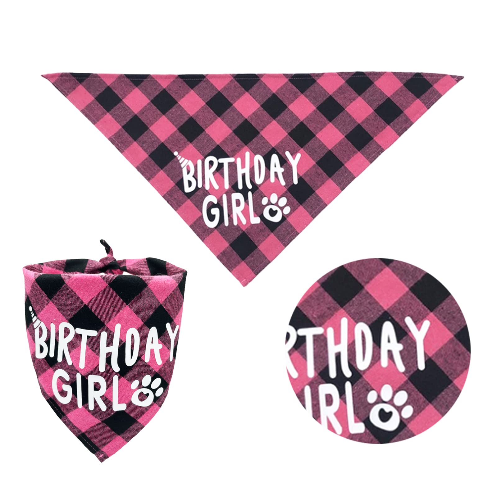 Dog Birthday Bandana Hat Scarf Set, Dog Birthday Party Supplies Dog Bandana Hat Scarfs Happy Birthday Banner With Cute Dog Bow Tie Collar Boy Girl Puppy Birthday Hat Scarf Classic Plaid Design (Pink)