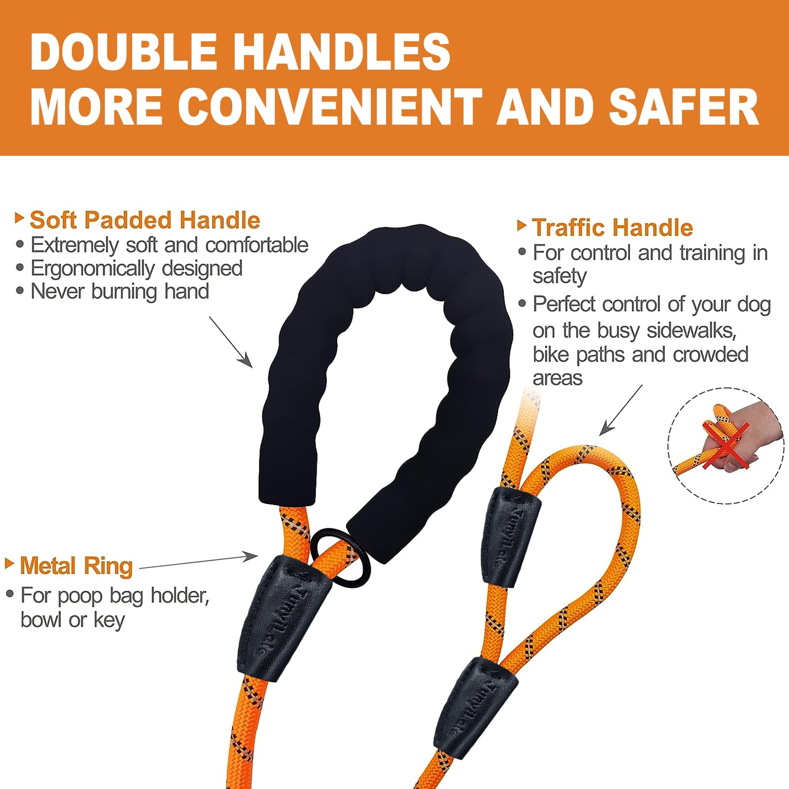 Pine Tree Tools Junyilala 6Ft Double Handles Heavy Duty Dog Leash With Comfortable Padding, Highly Reflective, Orange