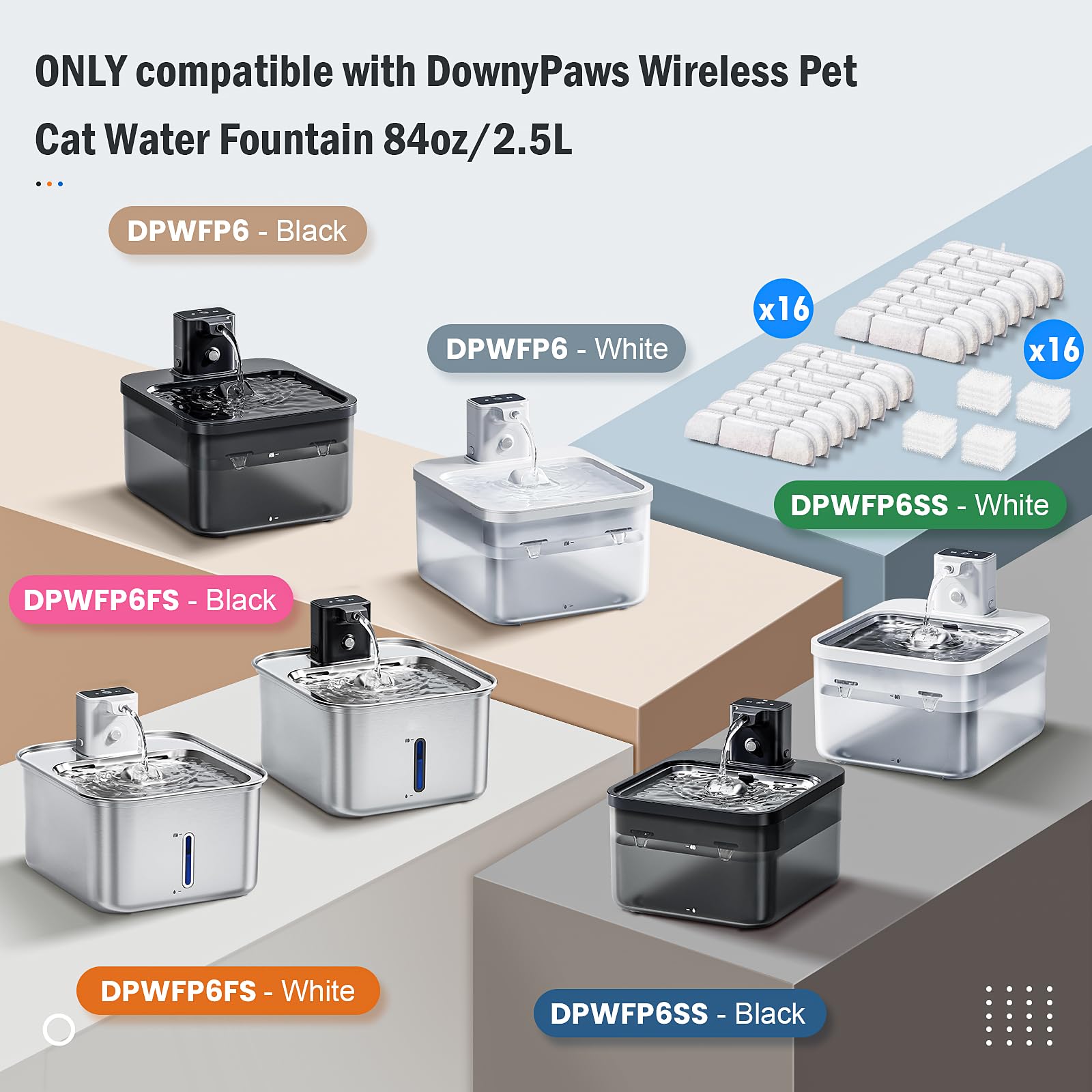 16 Packs Replacement Filters for DownyPaws Battery Operated Cat Water Fountain DPWFP6, 8 Months Set of Replacement Filters for D