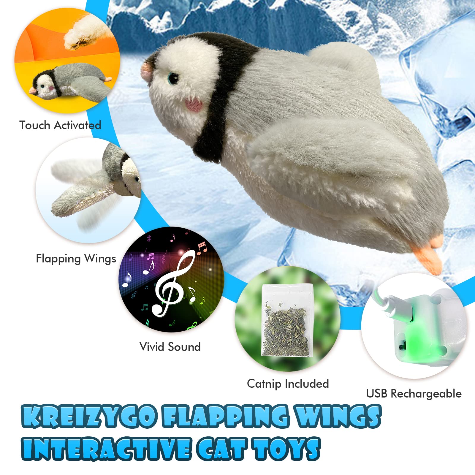 Kreizygo Cat Toys, Flapping Wings Penguin, No Flying, Chirping Bird Interactive Catnip Toy For Kitten Or Small Dogs, Touch Activ