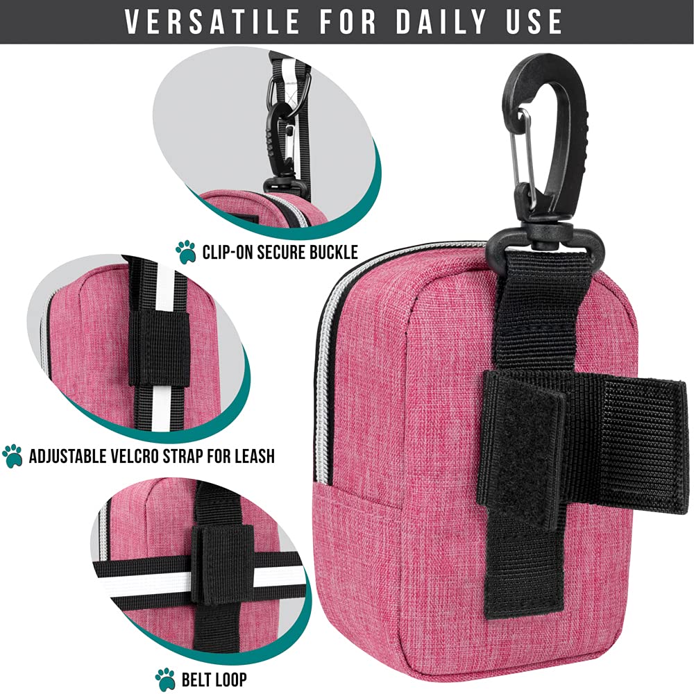 Petami Dog Poop Bag Holder | Dog Waste Bag Dispenser With Clip For Leash And Belt | Portable Fabric Doggy Waste Bag Holder For Walking Hiking Running Travel - With One Roll Of Dog Bag (Heather Pink)