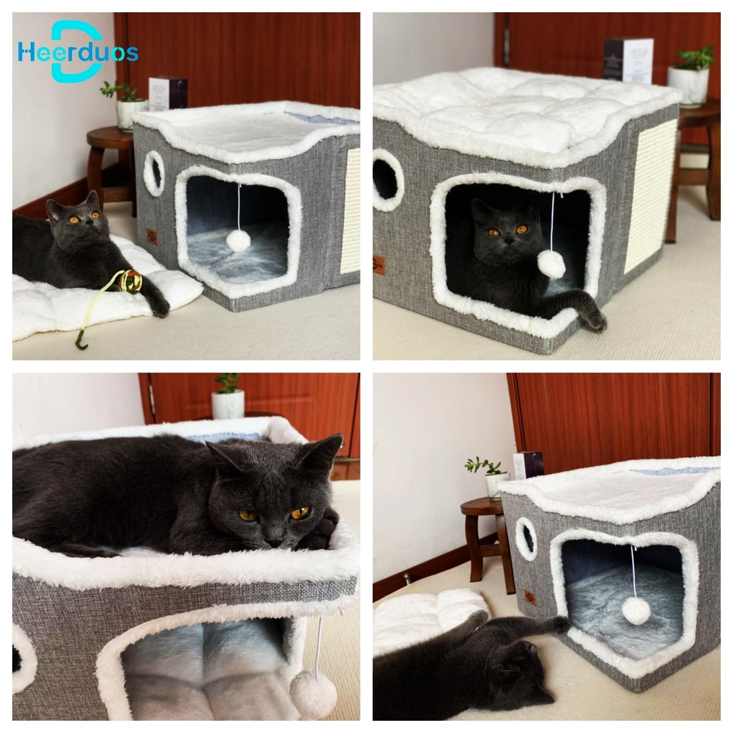 Heerduos Cat Bed For Indoor Cats,Covered Cat Cave House & Furniture With Scratch Pad,Foldable Cat Hideaway Hut Cute Cat Condo Wi