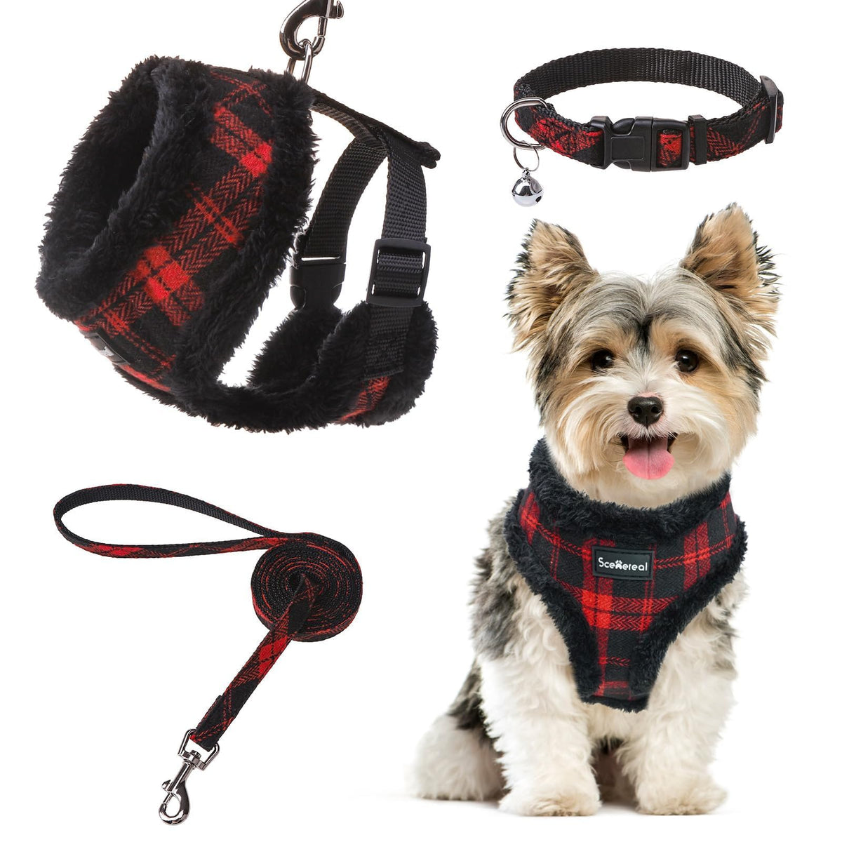 Scenereal Small Dog Harness Collar And Leash Set, Warm Fleece No Pull Puppy Vest Harness, Christmas Dog Outfit No Chock Adjustib