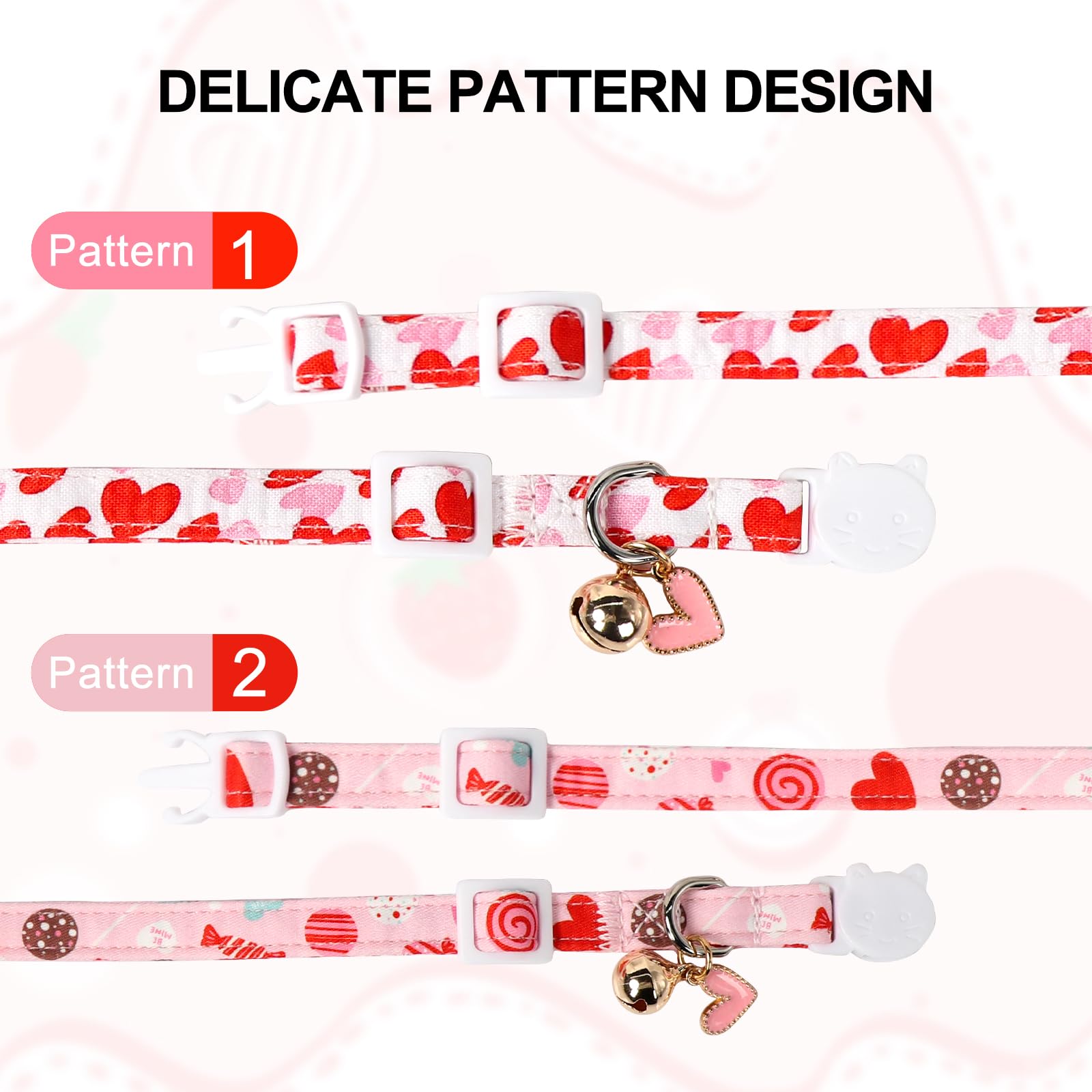 2 Pack Valentine'S Day Paws Cat Collar With Bell, Unique Style, Breakaway Buckle, Cute Heart Love Pattern, Ideal Gift For Boy Or