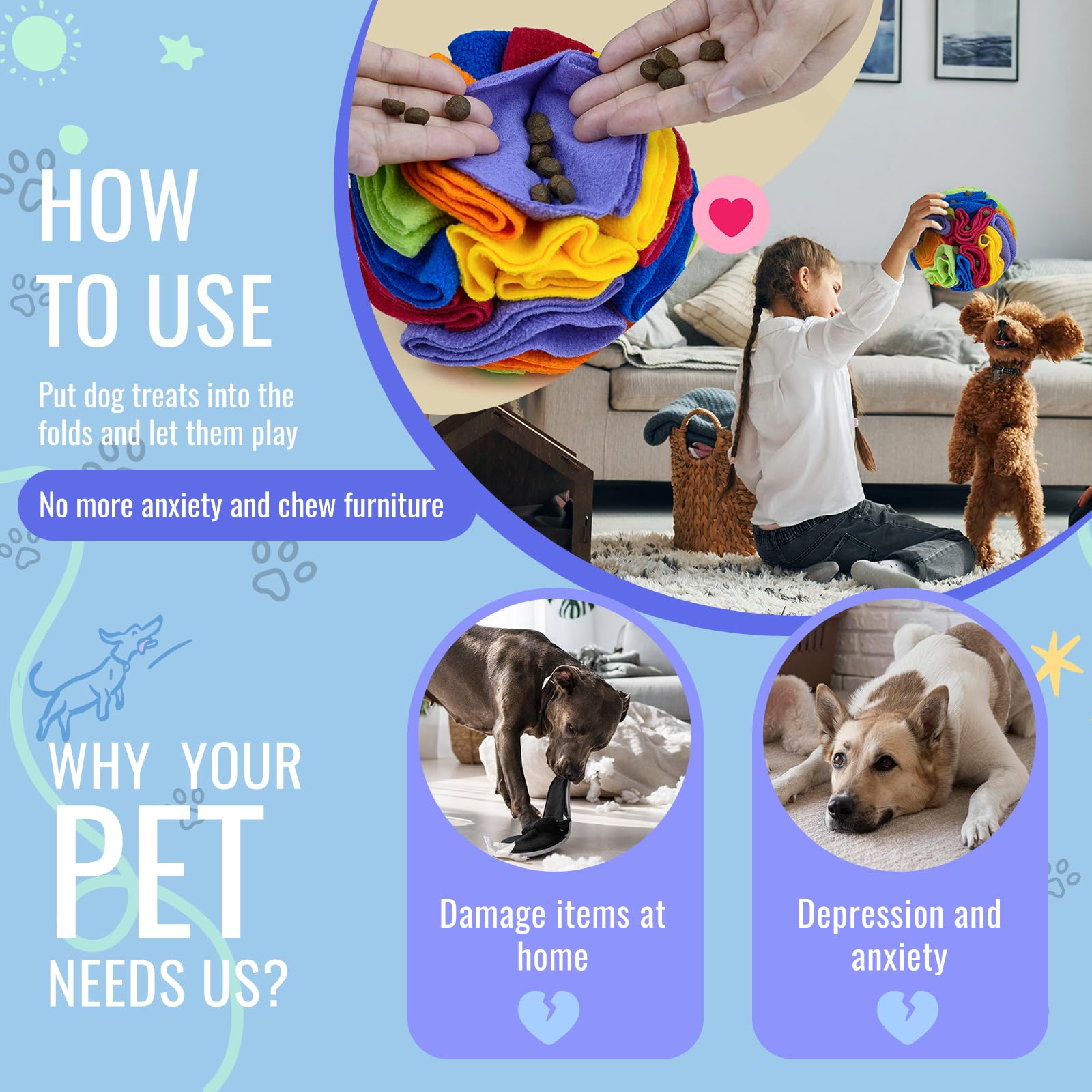 Larimuer Pet Snuffle Ball - Interactive Dog Puzzle Sniffing Toys For Blind Dogs Training, Stress Relief & Enrichment - Machine W