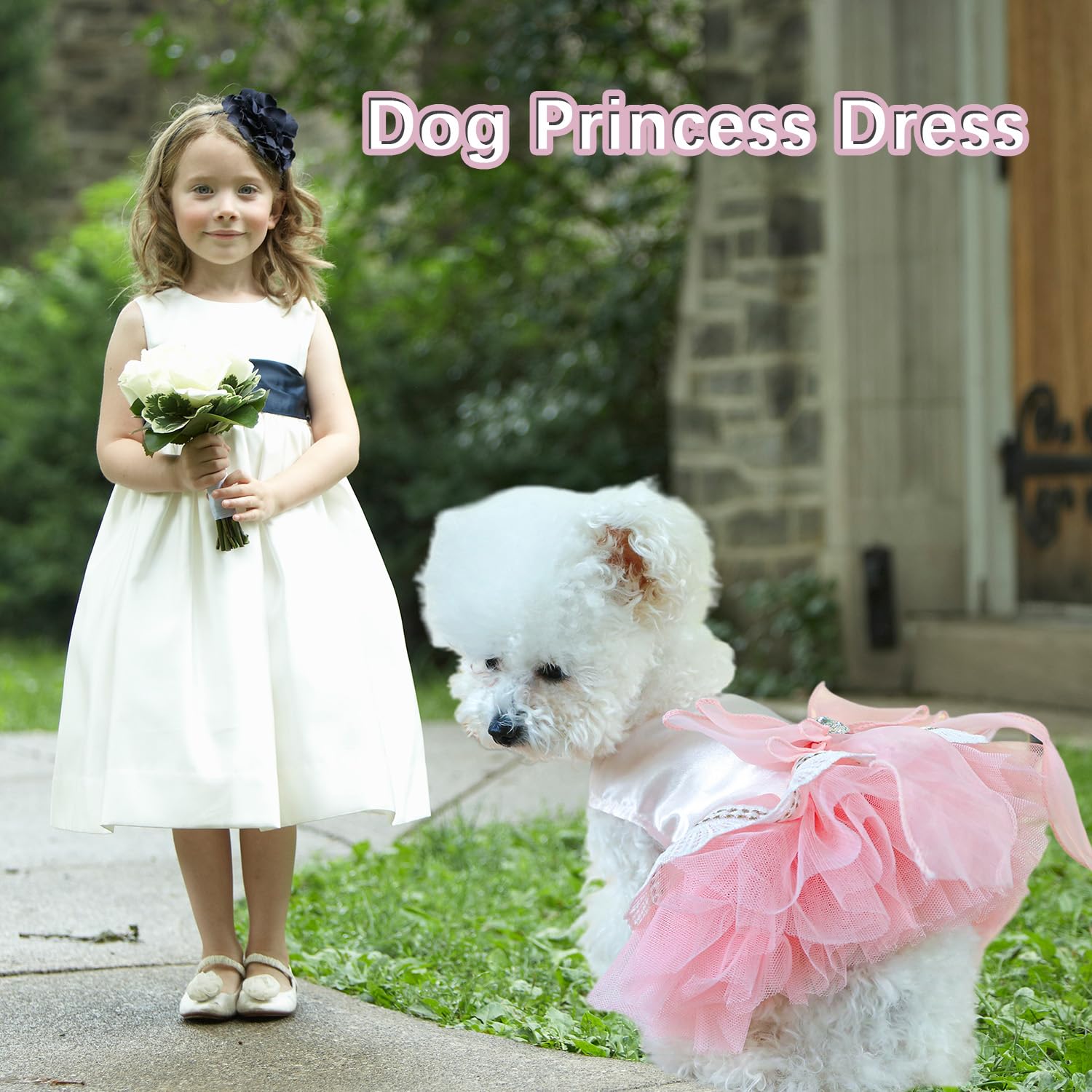 Fladorepet Pink Dog Princess Bow Dress With Leash Ring,Dog Party Birthday Wedding Tulle Dress Tutu Skirt,Dog Costume Summer Pet