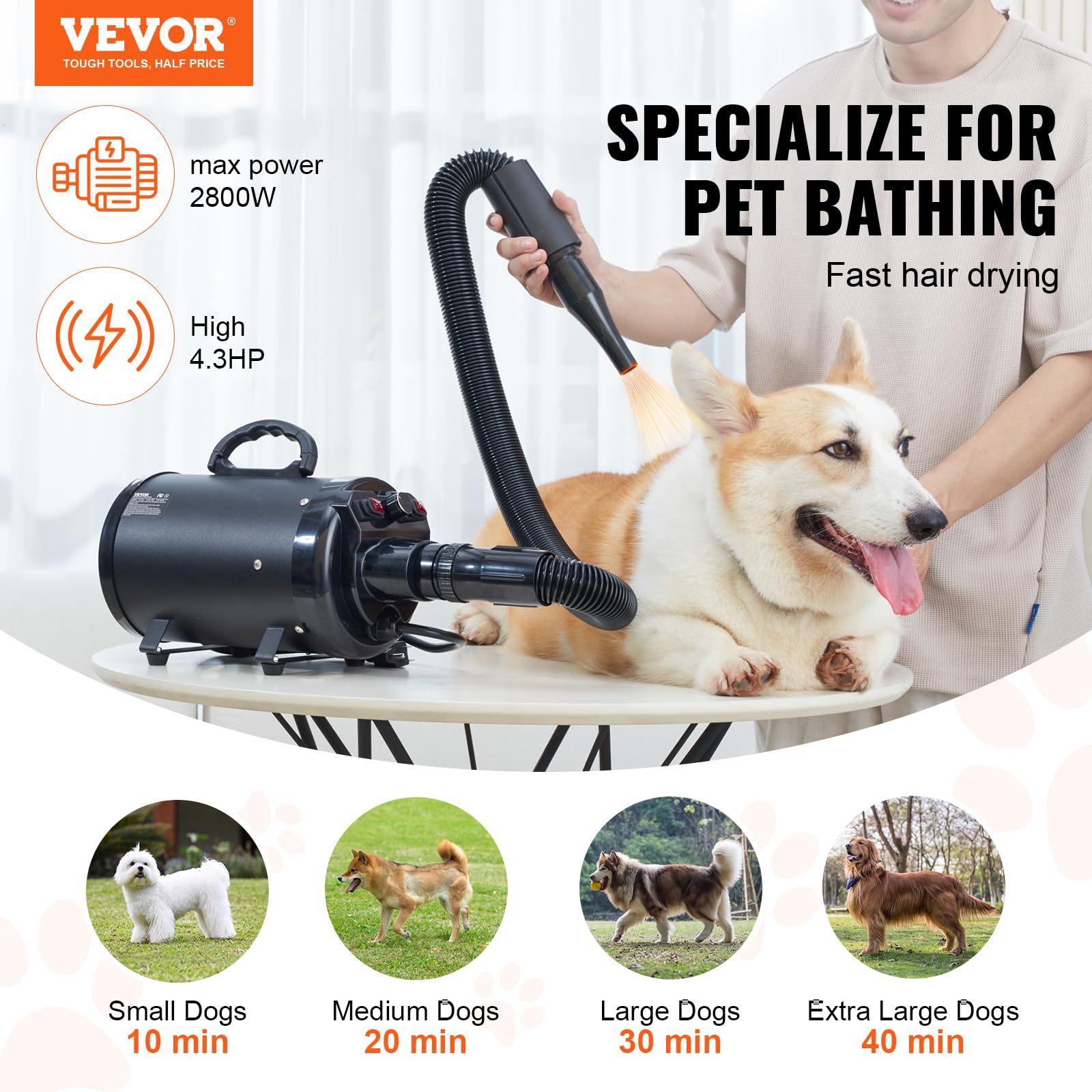 VEVOR Dog Dryer, 2800W/4.3 HP Dog Blow Dryer, Pet Grooming Dryer with Adjustable Speed and Temperature Control, Pet Hair Dryer w