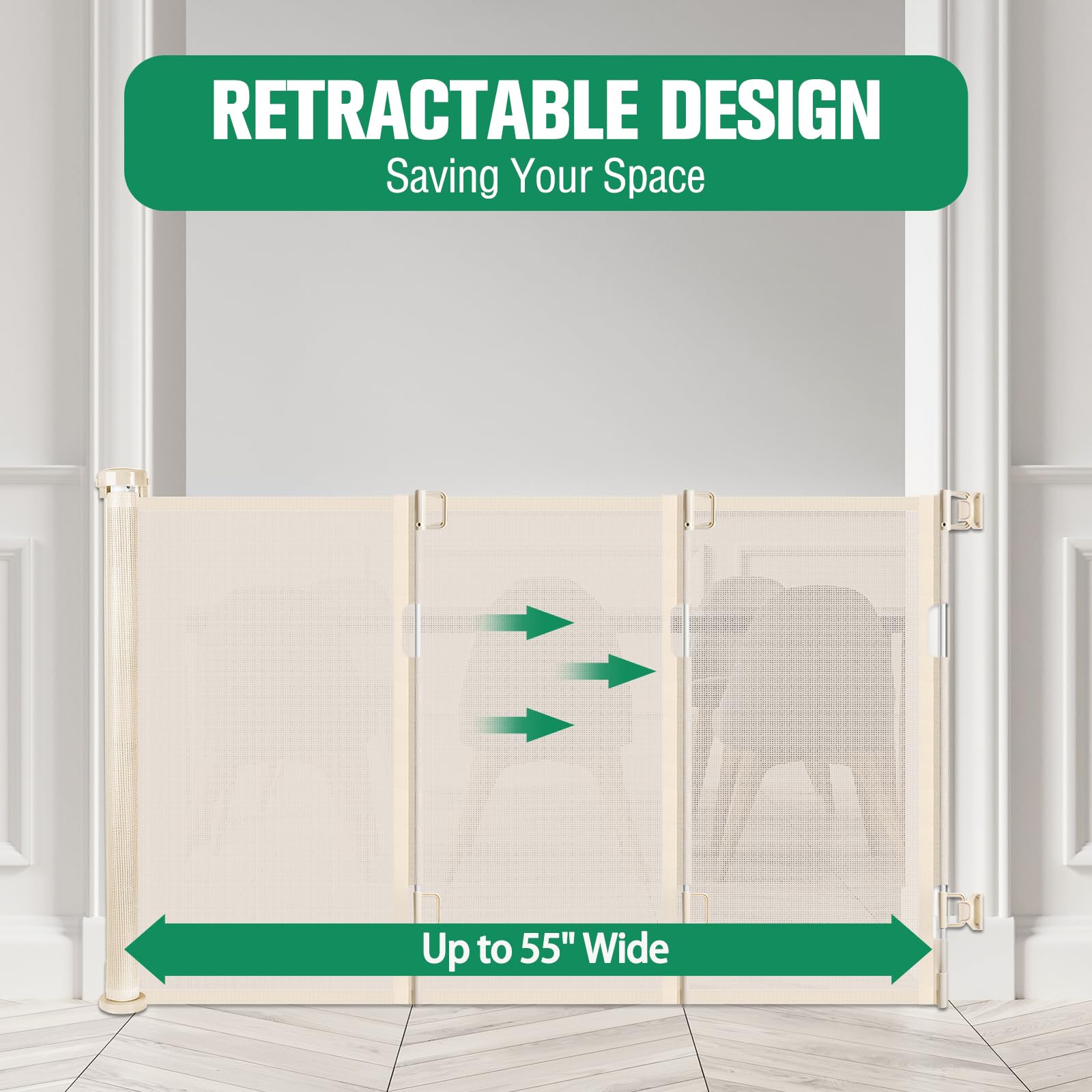 Retractable Baby & Dog Gate - Extends Up to 55 Wide Mesh Gate for Indoor & Outdoor Use, Beige