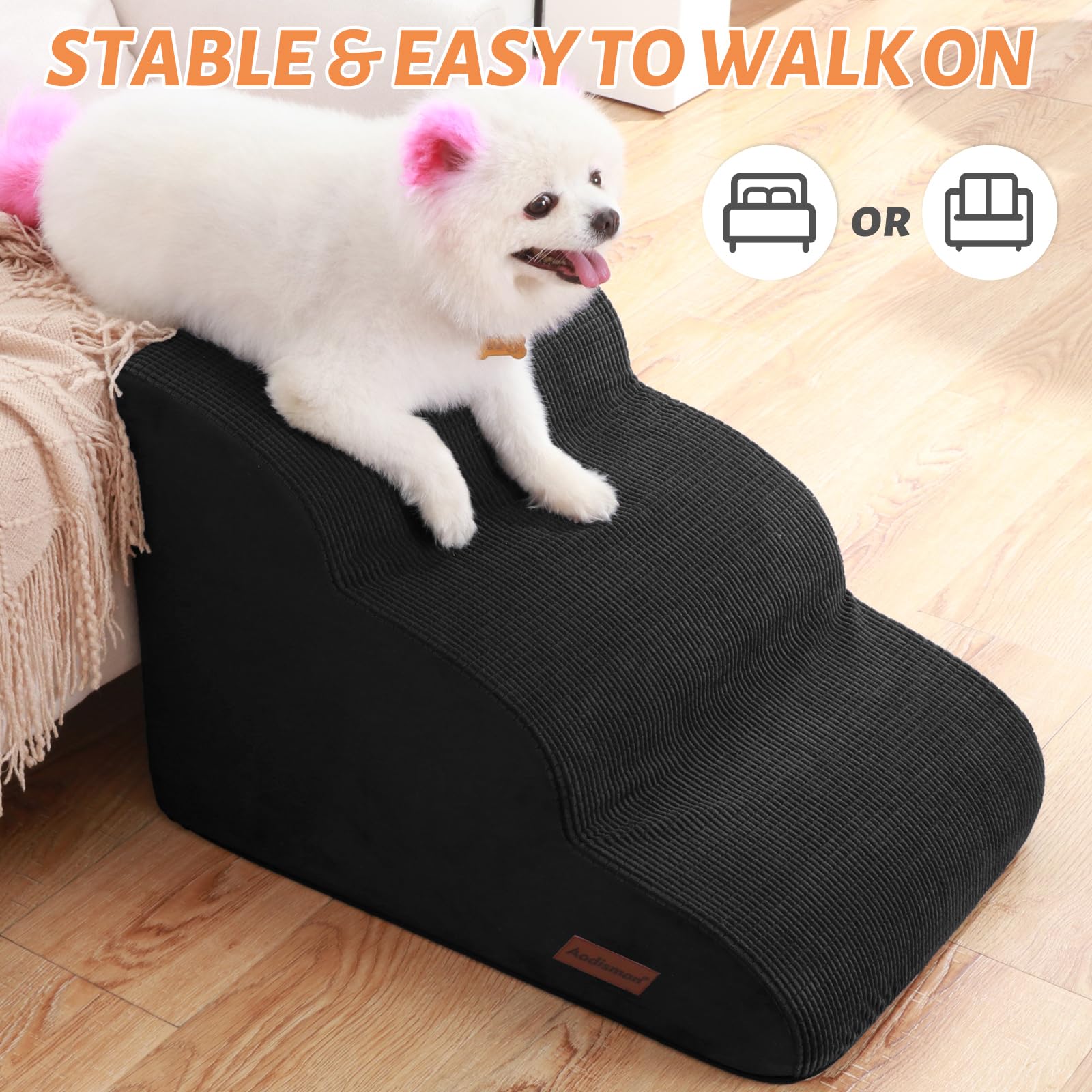 Aodisman 3-Step Dog Ramp and Stairs for Sofa and Chair - Non-Slip Sturdy Pet Steps for Small Dogs and Cats,15.7 H,Black