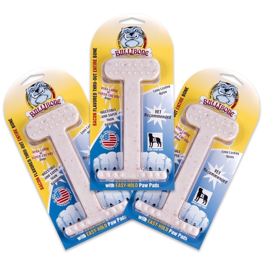 Bullibone Nylon Dog Chew Toy Nylon Bone - Improves Dental Hygiene, Easy To Grip Bottom, And Permeated With Flavor (Bacon, Xl - 3 Pack)