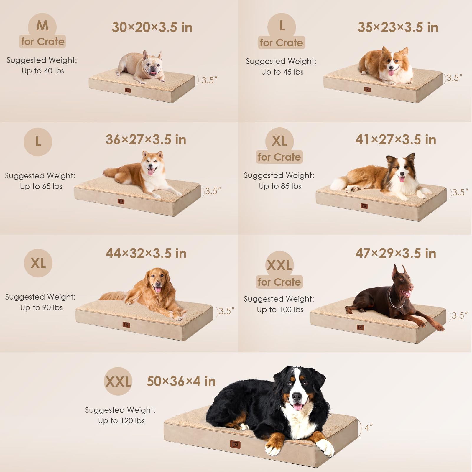 Eheyciga Orthopedic Dog Beds For Large Dogs With Removable Washable Cover For Crate, Khaki, 35X23