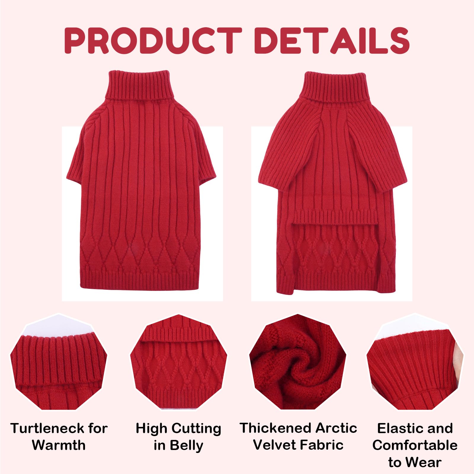 OUOBOB Large Dog Sweater - Turtleneck Thick Warm Doggie Christmas Sweater for Girl Boy Dogs (Red L)