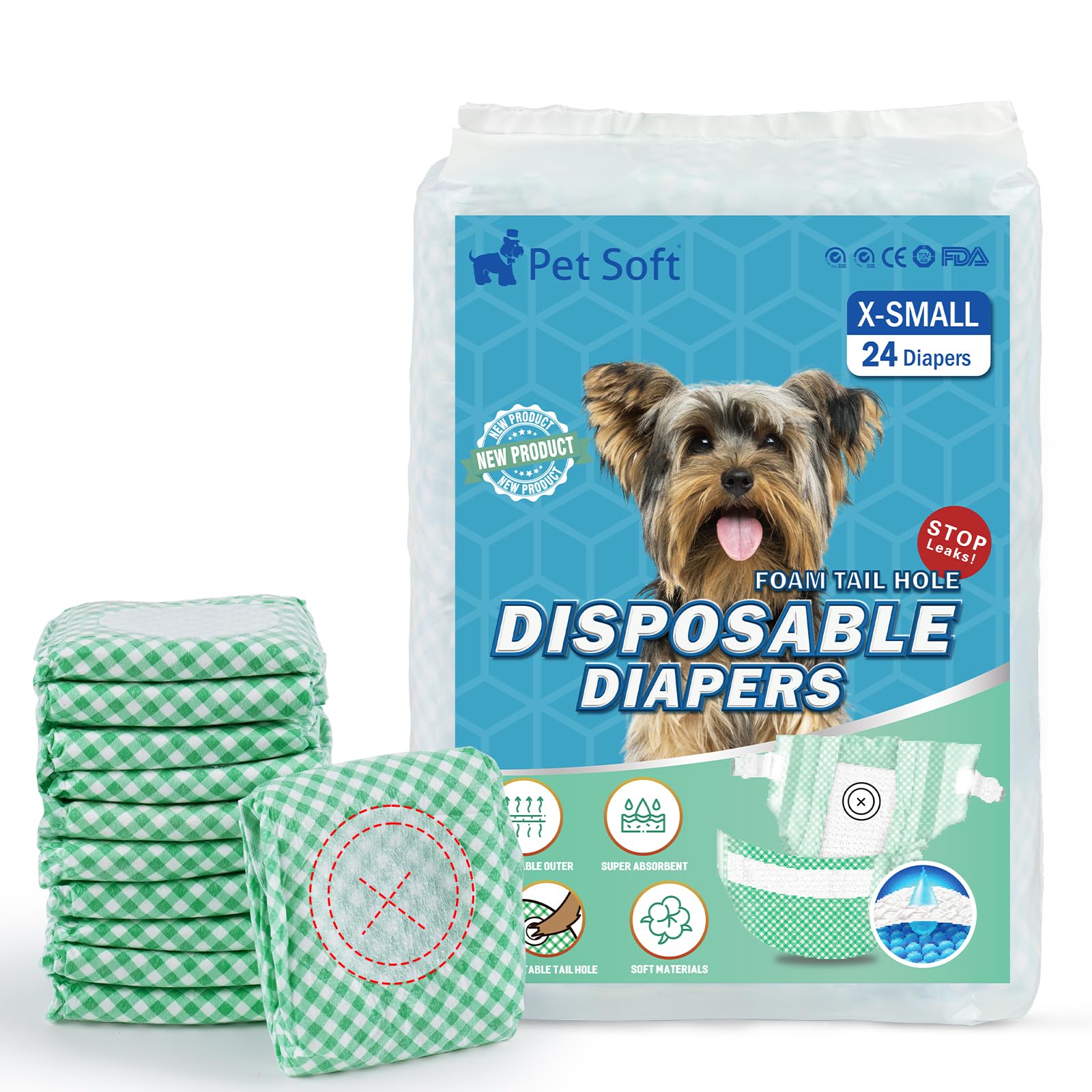 Pet Soft Dog Diapers Female - Disposable Doggie Diapers For Female Dogs, Puppy & Cat Diapers With Adjustable Foam Tail Hole, 24Pcs (Xs,Green)