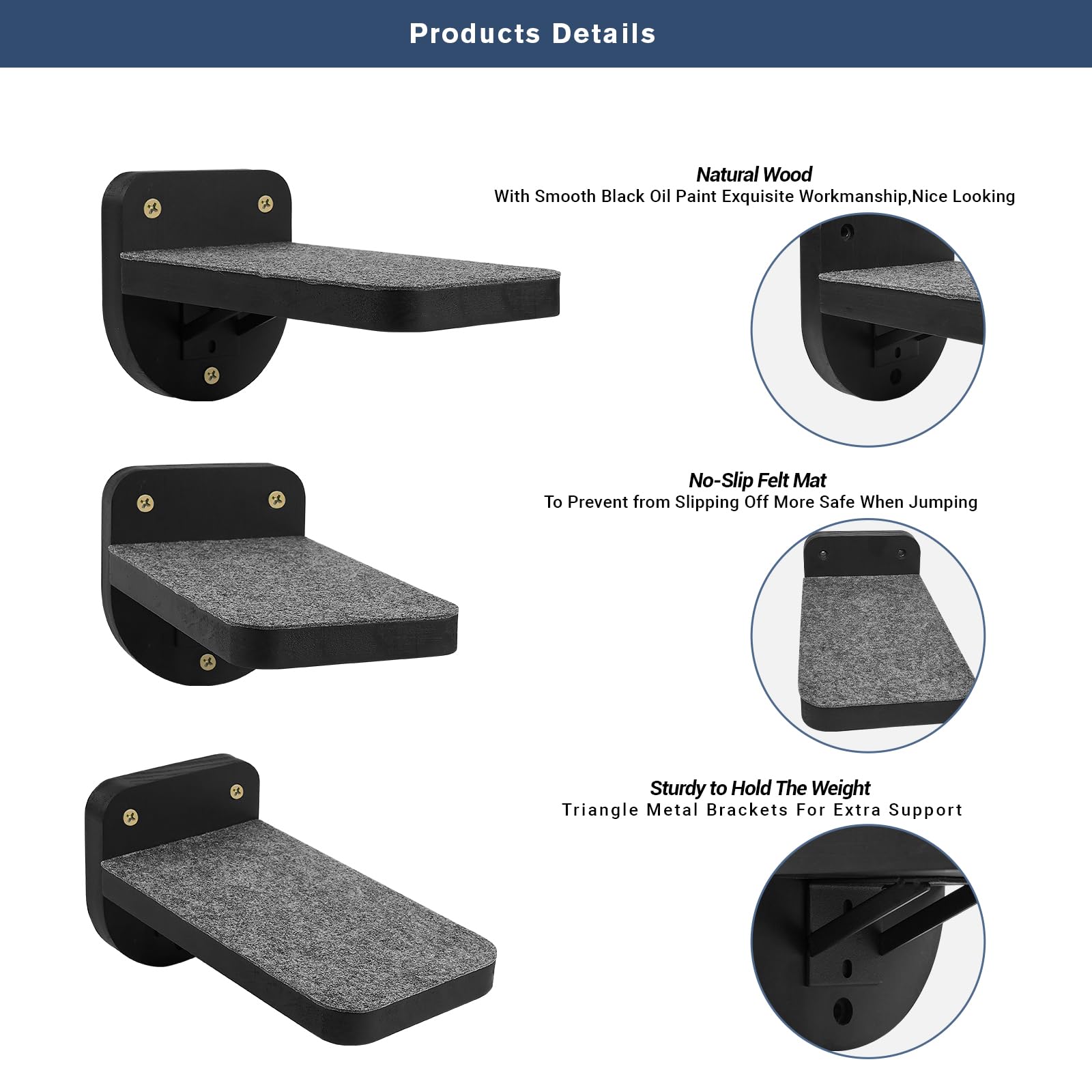 Espets Set Of 3 Black Natural Wood Paited Cat Wall Floating Steps Climbing Shelves - Wall Mounted Cat Stairs Ladder, Cat Shelf P